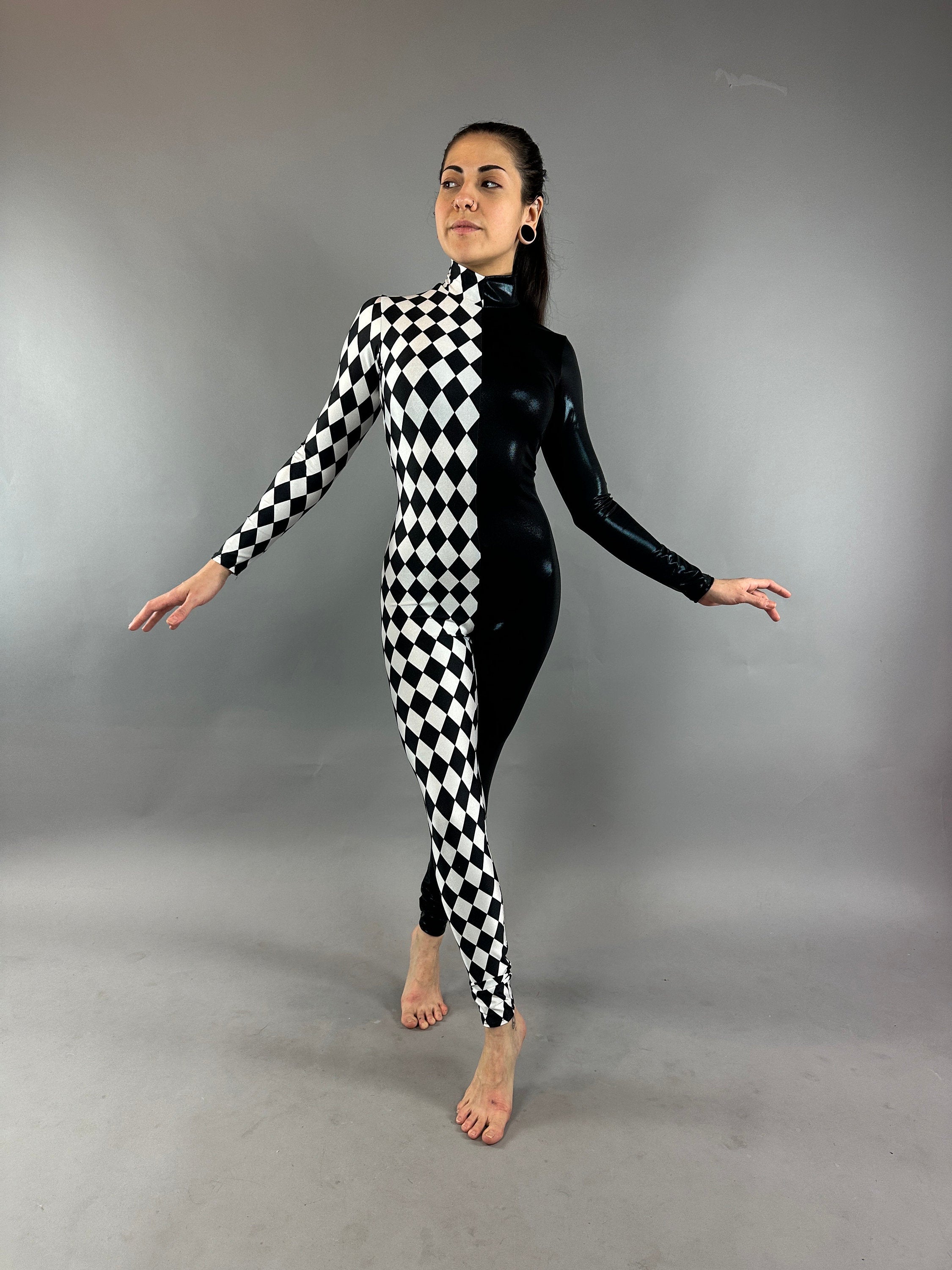 Diamond and Black Catsuit, Holographic Jumpsuit, Full Sleeves, Turtleneck