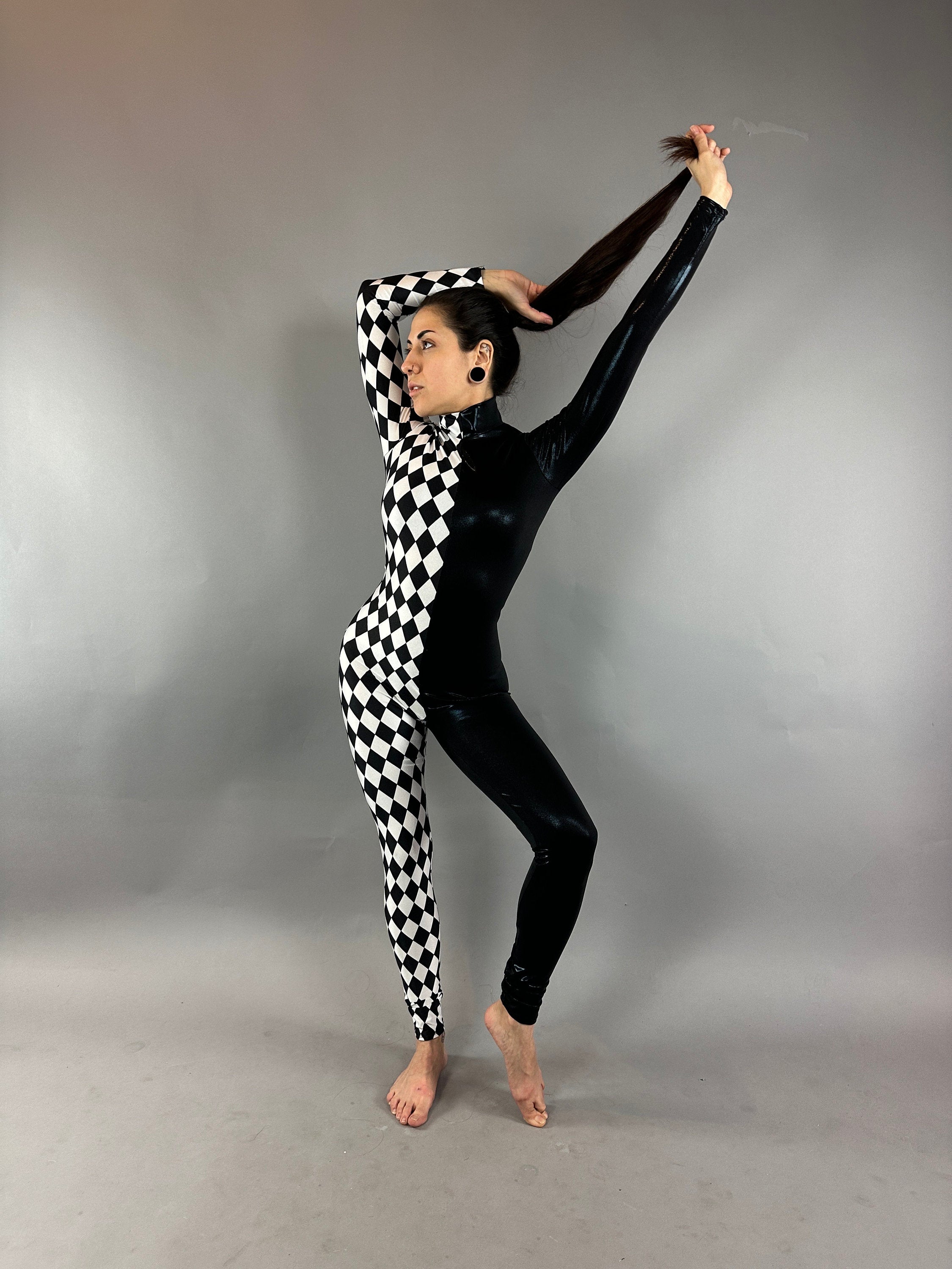 Diamond and Black Catsuit, Holographic Jumpsuit, Full Sleeves, Turtleneck