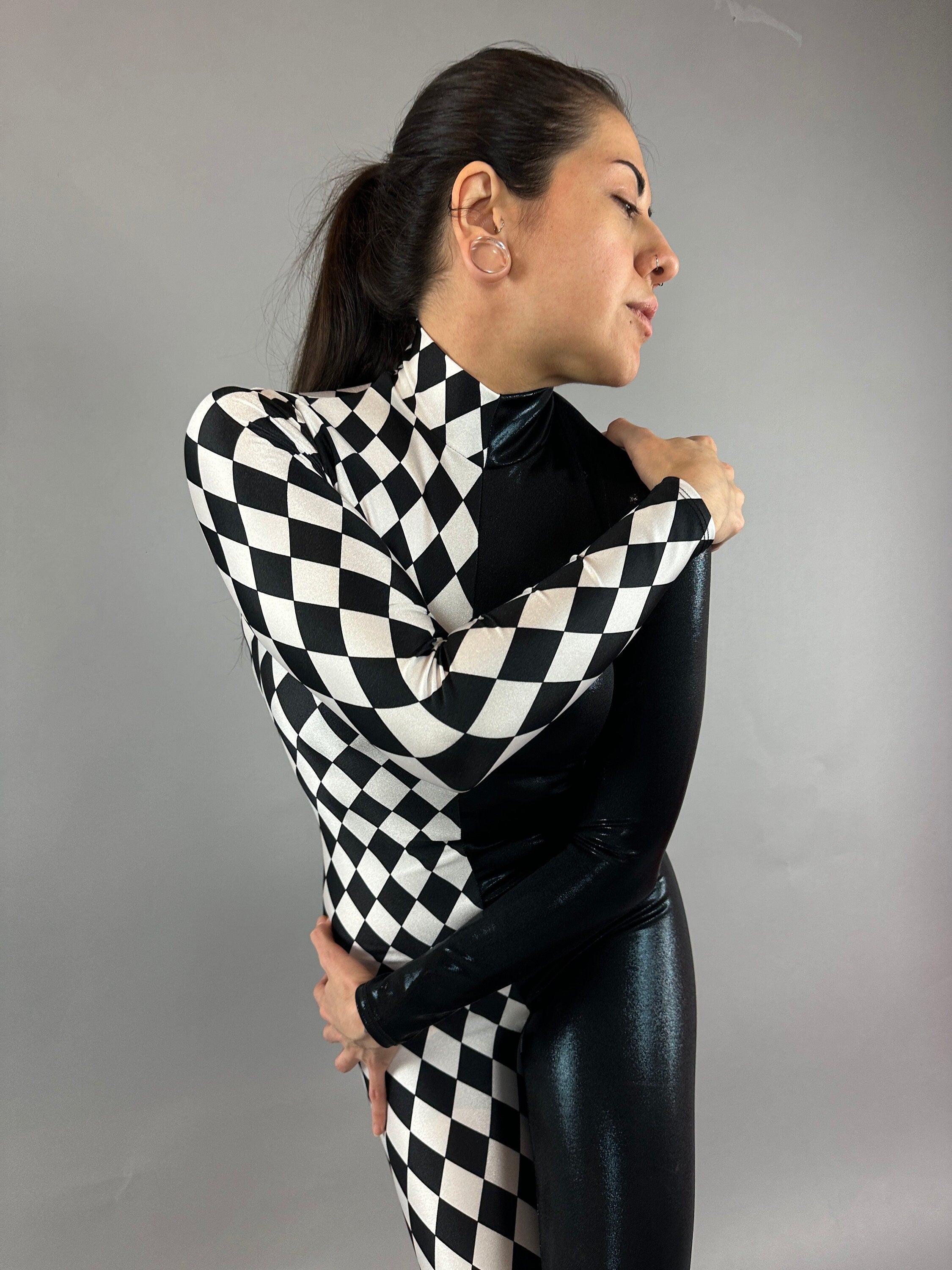 Diamond and Black Catsuit, Holographic Jumpsuit, Full Sleeves, Turtleneck