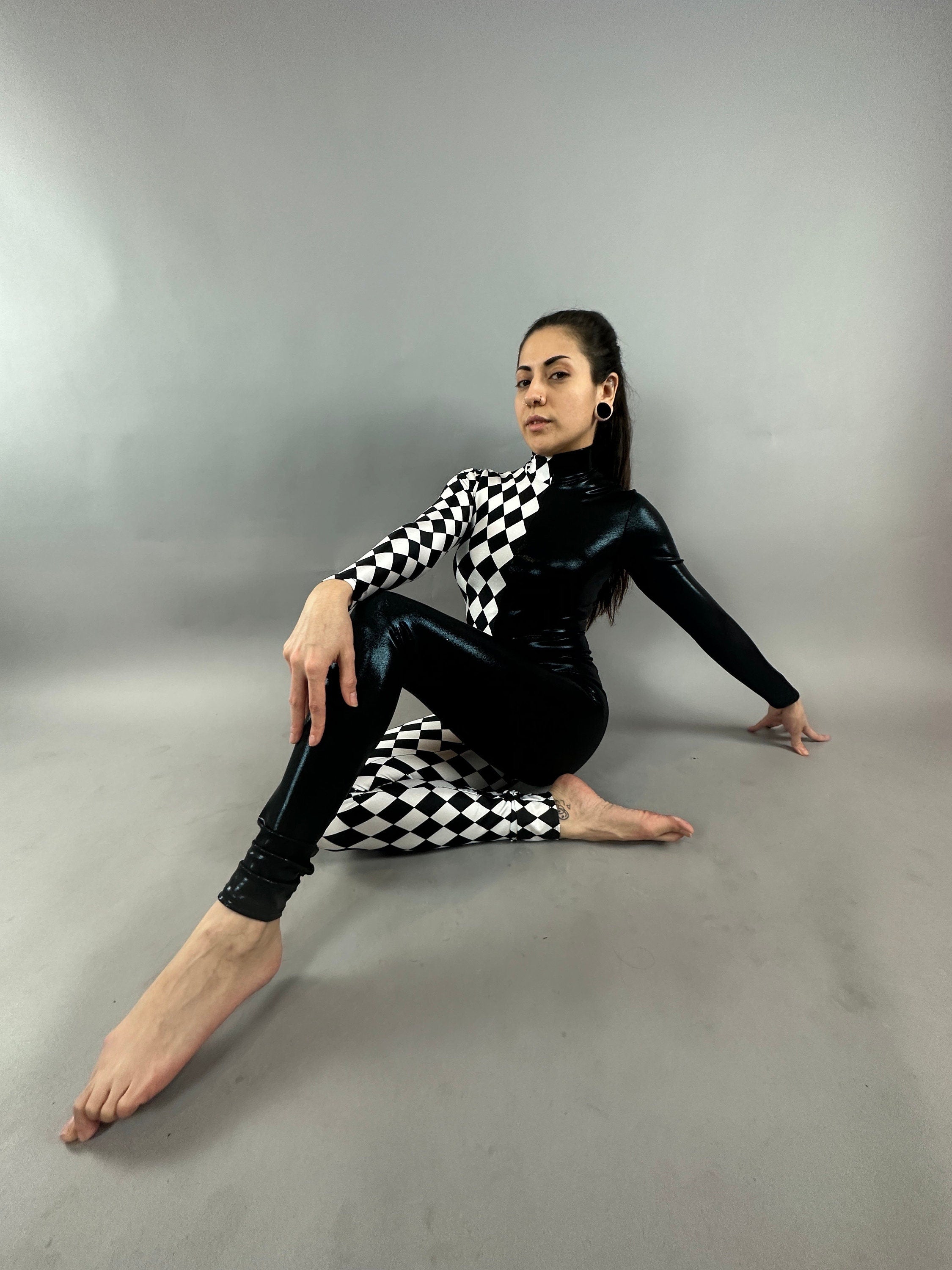 Diamond and Black Catsuit, Holographic Jumpsuit, Full Sleeves, Turtleneck