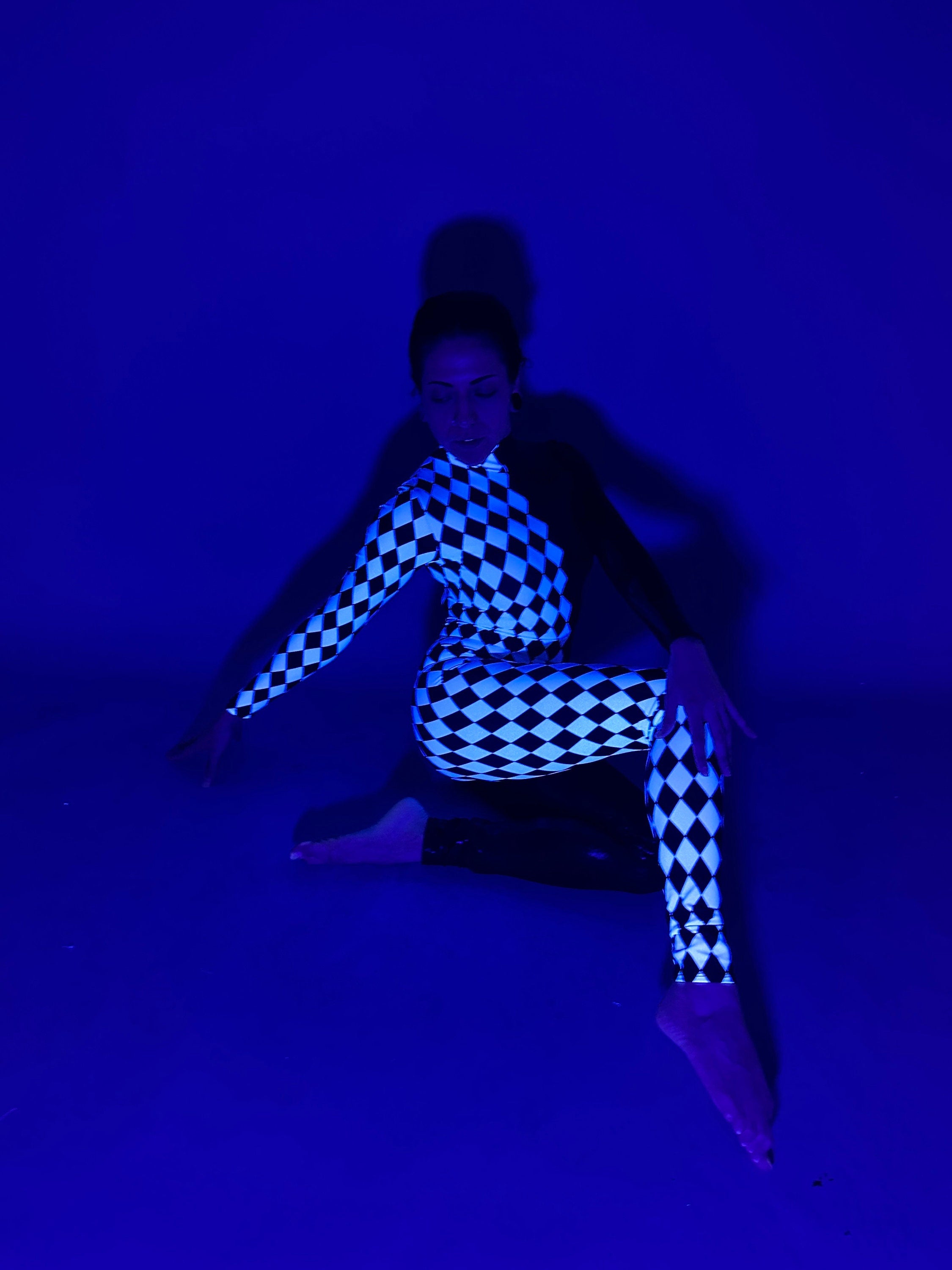 Diamond and Black Catsuit, Holographic Jumpsuit, Full Sleeves, Turtleneck
