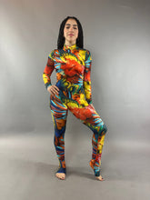 Abstract Print Multicolor Jumpsuit, Long Sleeve Catsuit, Turtleneck Bodysuit
