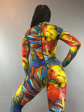 Abstract Print Multicolor Jumpsuit, Long Sleeve Catsuit, Turtleneck Bodysuit