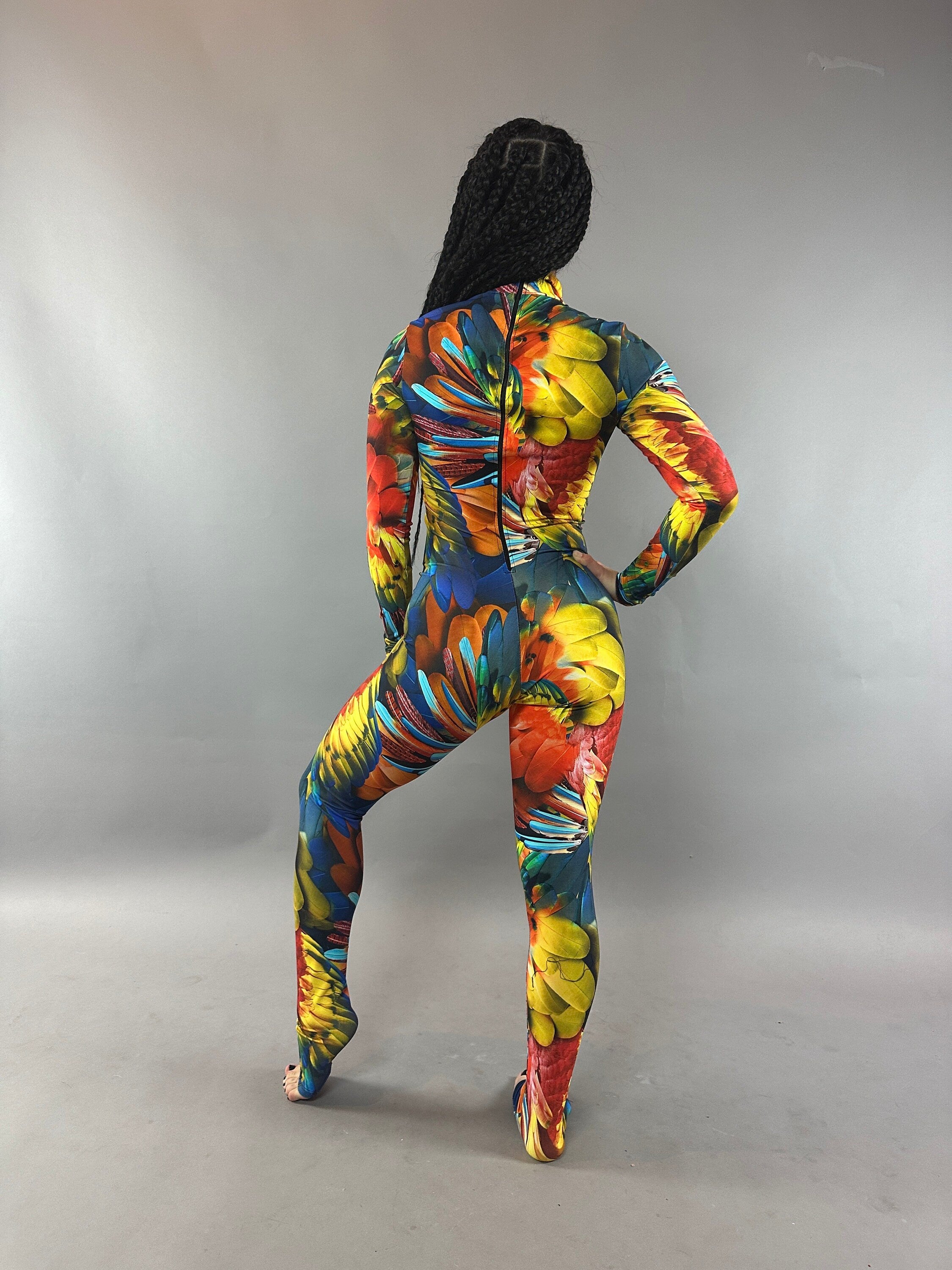 Abstract Print Multicolor Jumpsuit, Long Sleeve Catsuit, Turtleneck Bodysuit