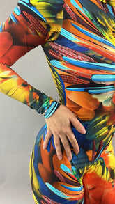 Abstract Print Multicolor Jumpsuit, Long Sleeve Catsuit, Turtleneck Bodysuit