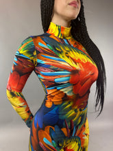 Abstract Print Multicolor Jumpsuit, Long Sleeve Catsuit, Turtleneck Bodysuit
