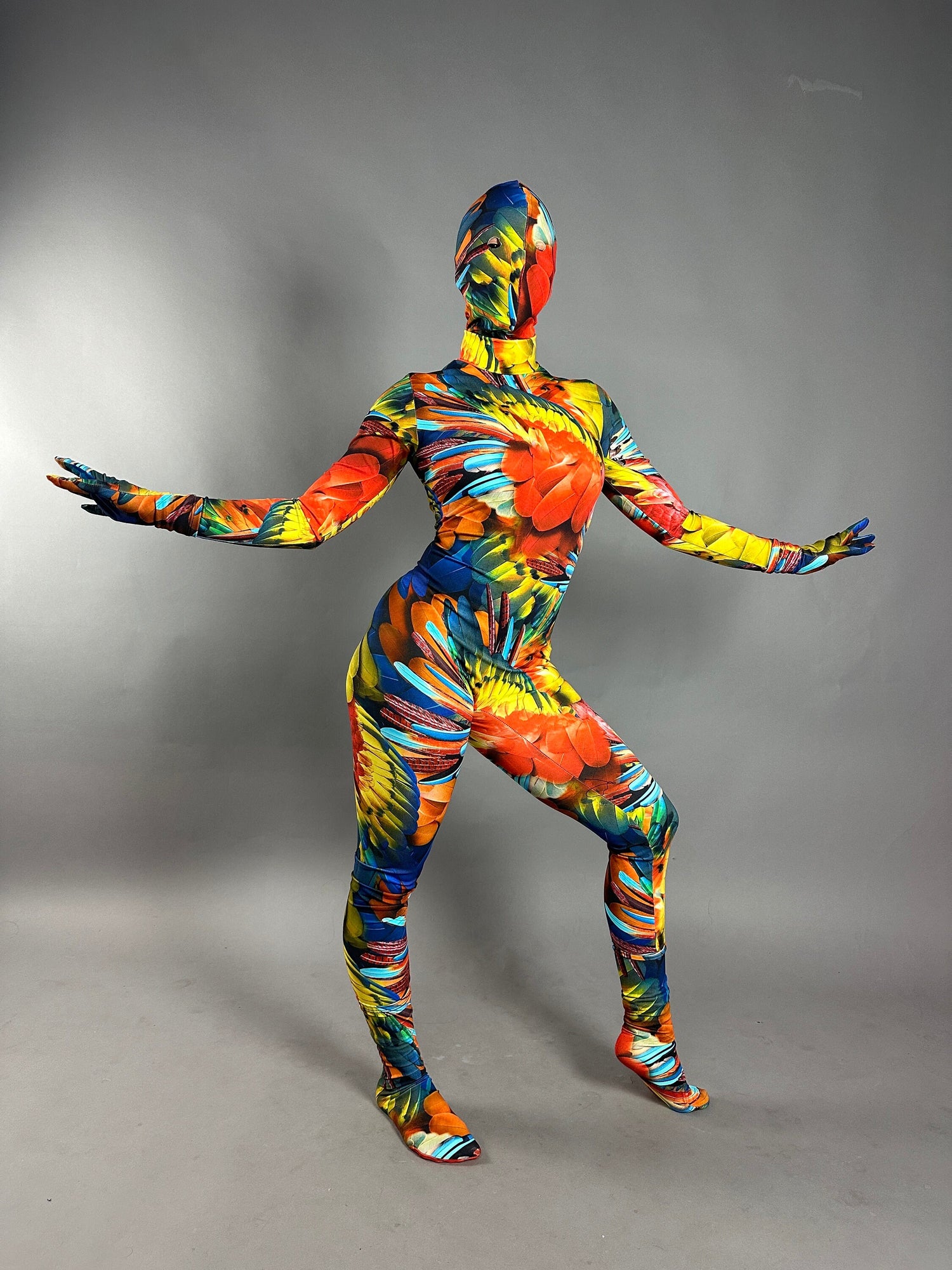 Abstract Print Multicolor Jumpsuit, Long Sleeve Catsuit, Turtleneck Bodysuit