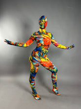 Abstract Print Multicolor Jumpsuit, Long Sleeve Catsuit, Turtleneck Bodysuit