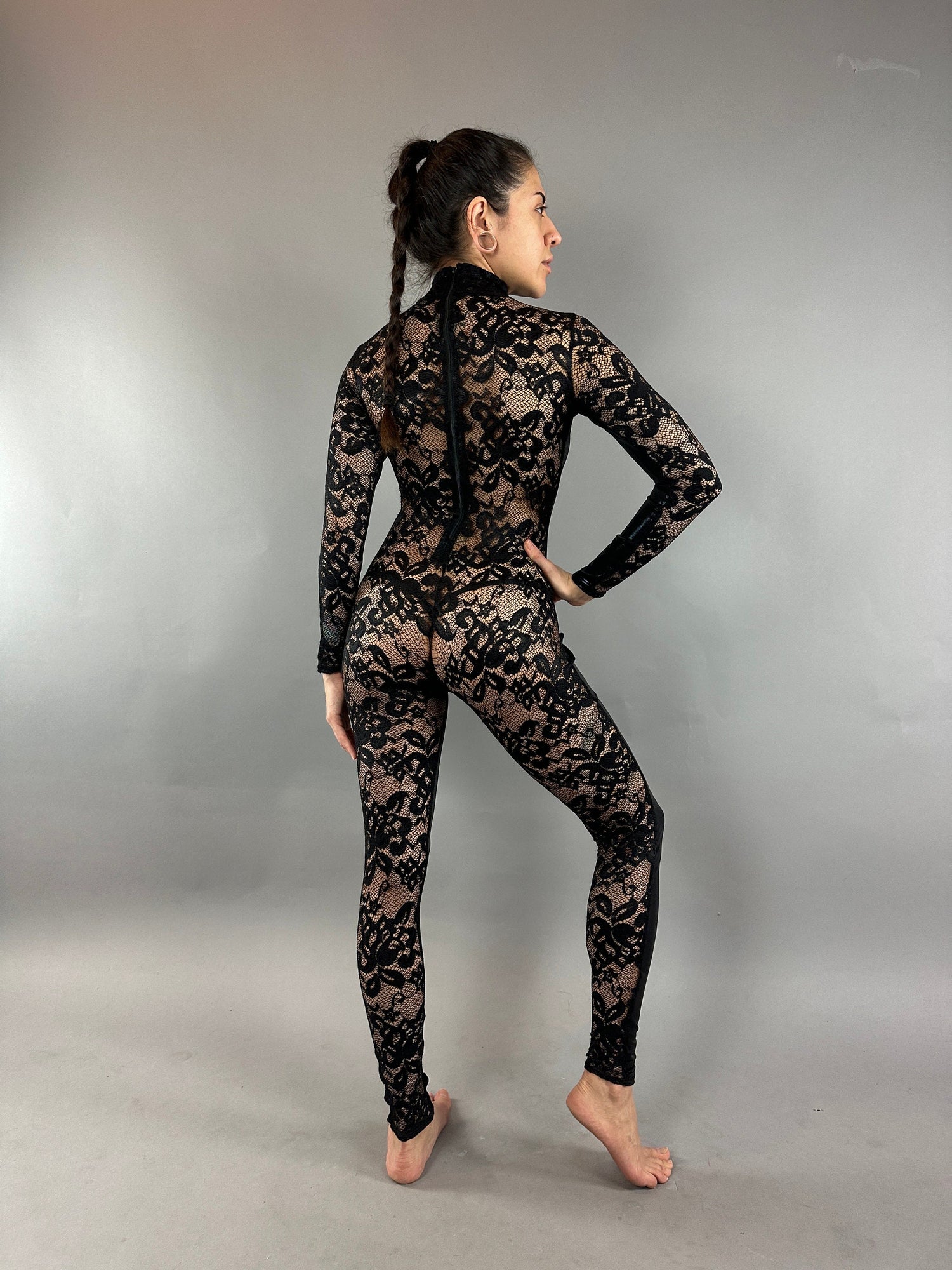 Black Hologram And Lace Jumpsuit, Full Sleeves Catsuit, Turtleneck, Long Back Zipper