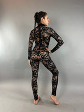 Black Hologram And Lace Jumpsuit, Full Sleeves Catsuit, Turtleneck, Long Back Zipper