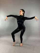 Black Hologram And Lace Jumpsuit, Full Sleeves Catsuit, Turtleneck, Long Back Zipper