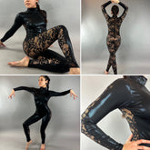 Black Hologram And Lace Jumpsuit, Full Sleeves Catsuit, Turtleneck, Long Back Zipper