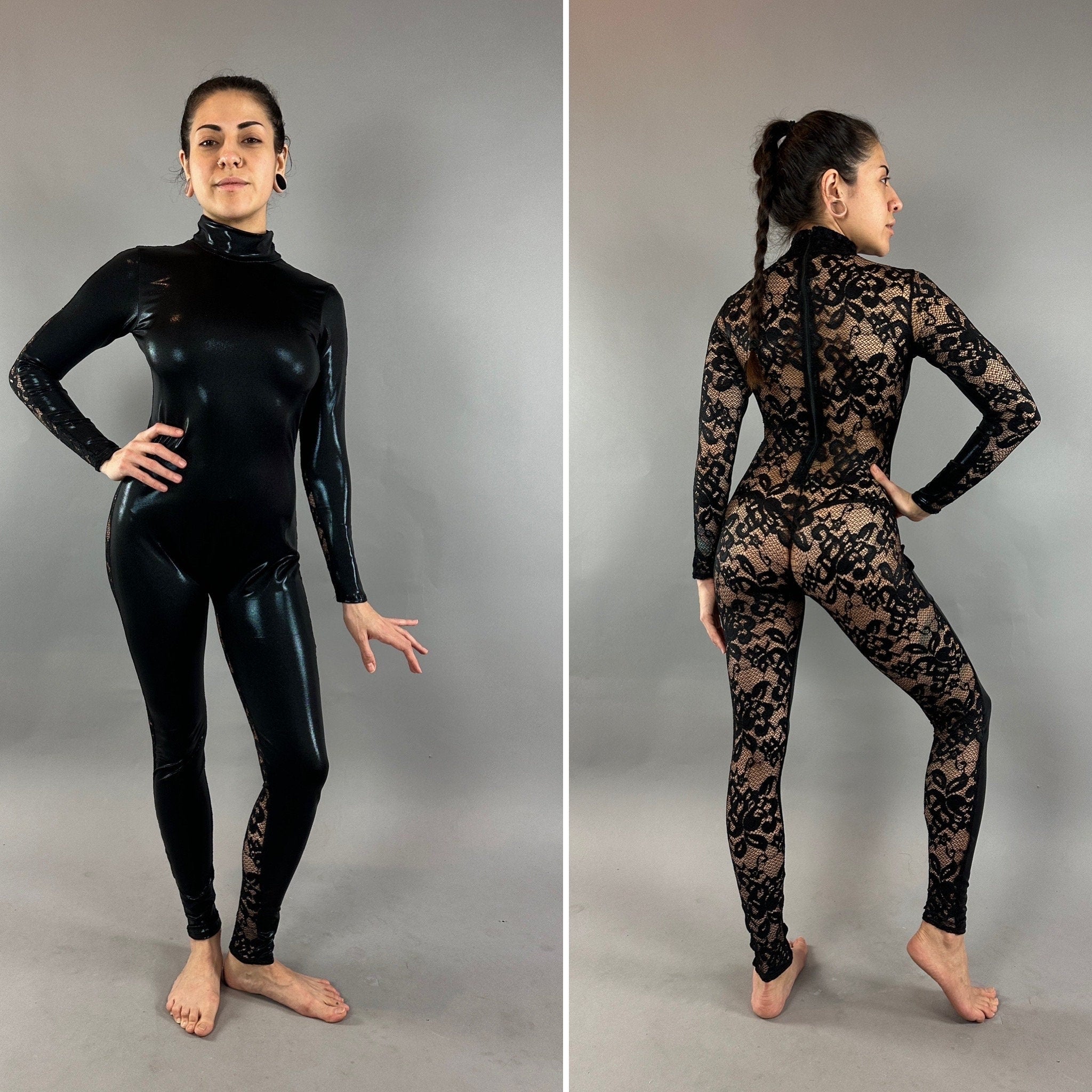 Black Hologram And Lace Jumpsuit, Full Sleeves Catsuit, Turtleneck, Long Back Zipper