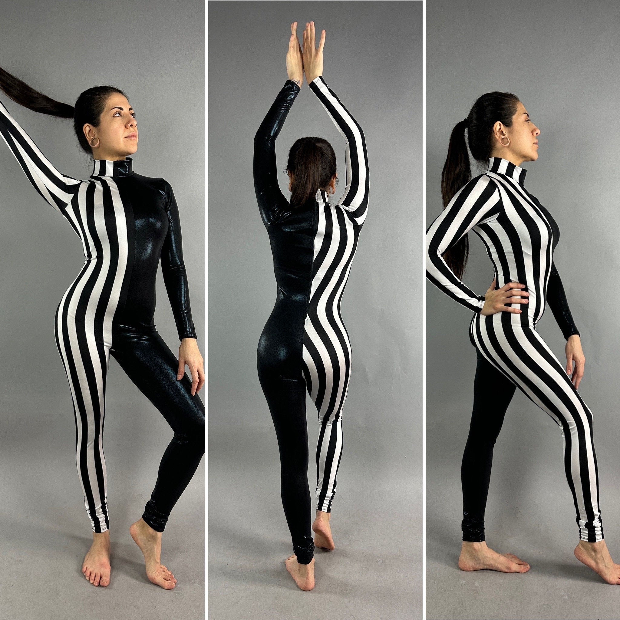 Black and White Split Fabric Catsuit Jumpsuit, Full Sleeves, Turtleneck