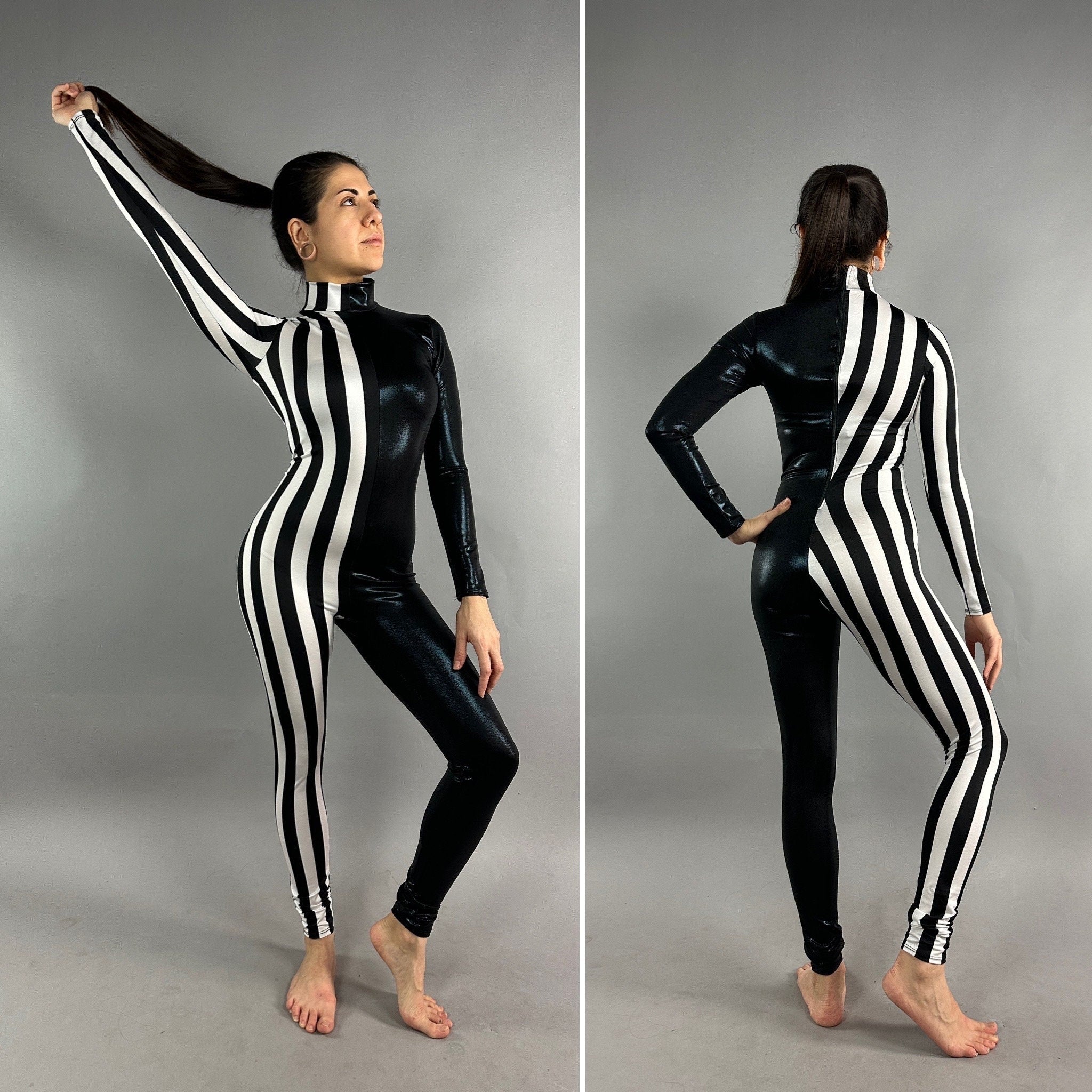 Black and White Split Fabric Catsuit Jumpsuit, Full Sleeves, Turtleneck