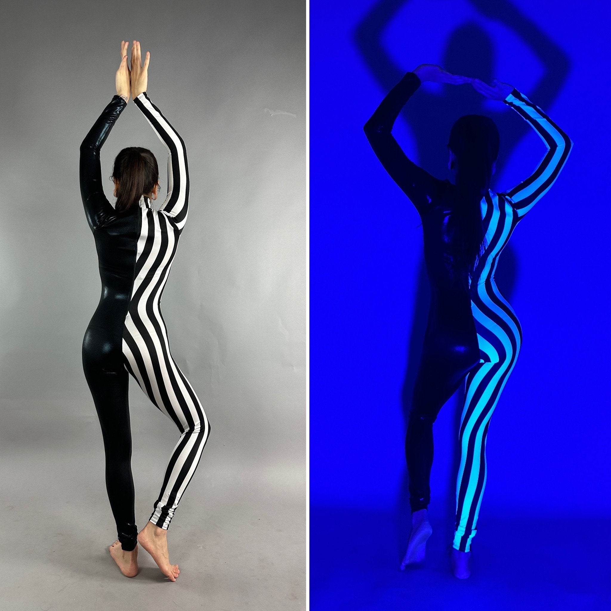 Black and White Split Fabric Catsuit Jumpsuit, Full Sleeves, Turtleneck