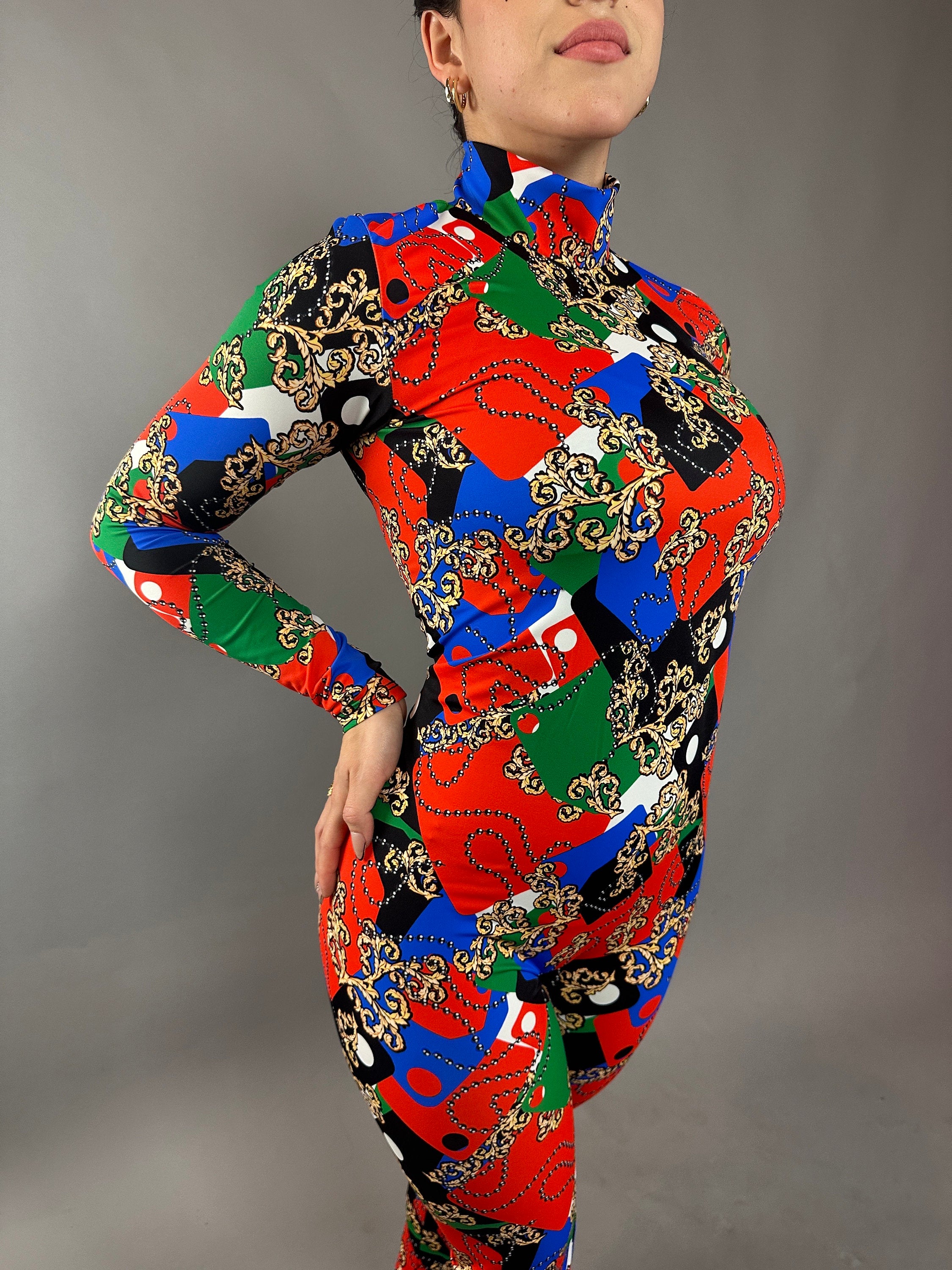 Multicolor Spandex Catsuit, Full Sleeves Jumpsuit, Turtleneck