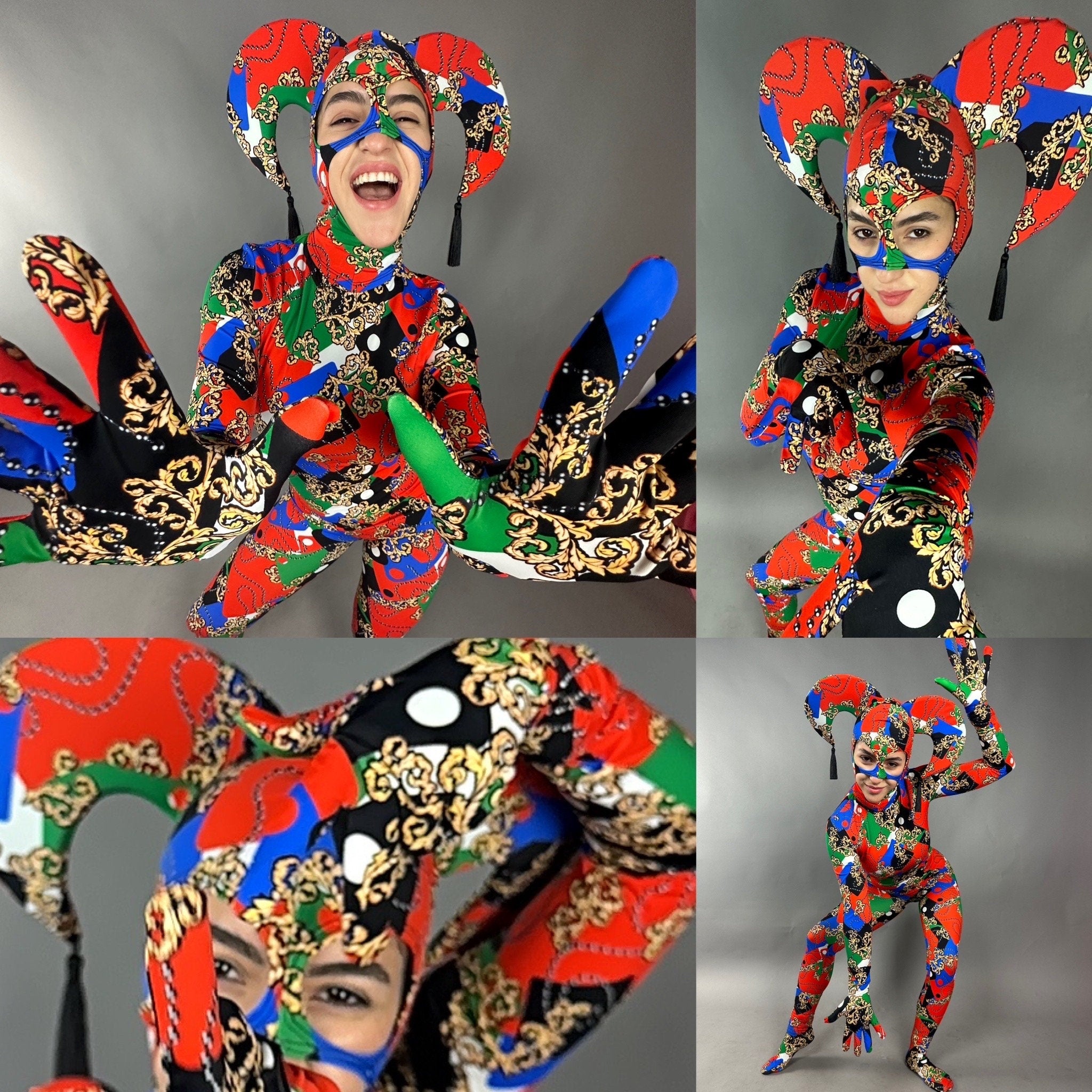 Joker costume, jester bodysuit, Exotic dance wear, Festival fashion, party outfit, Circus print, trending now. Mardi Gras festival