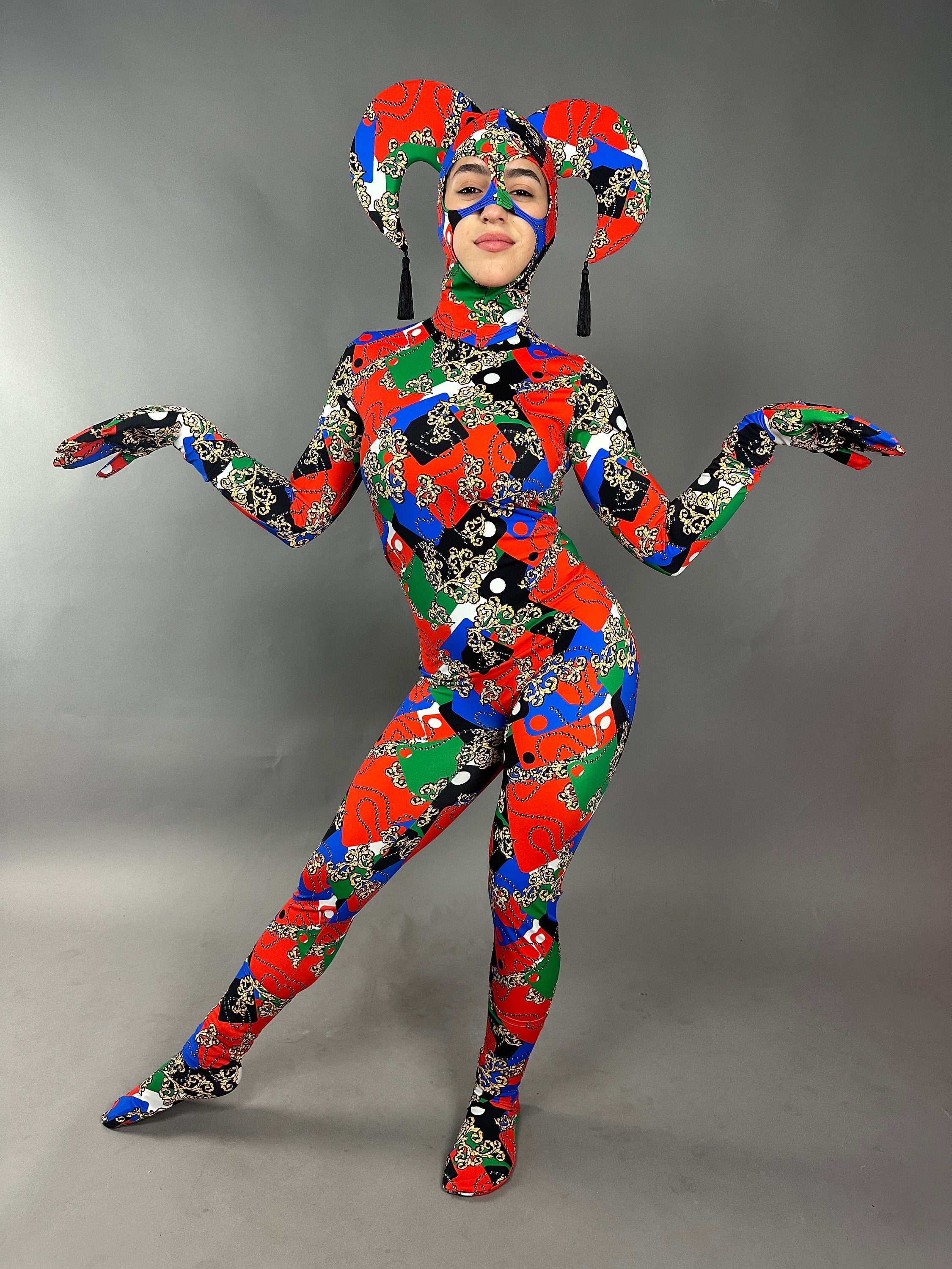 Joker costume, jester bodysuit, Exotic dance wear, Festival fashion, party outfit, Circus print, trending now. Mardi Gras festival