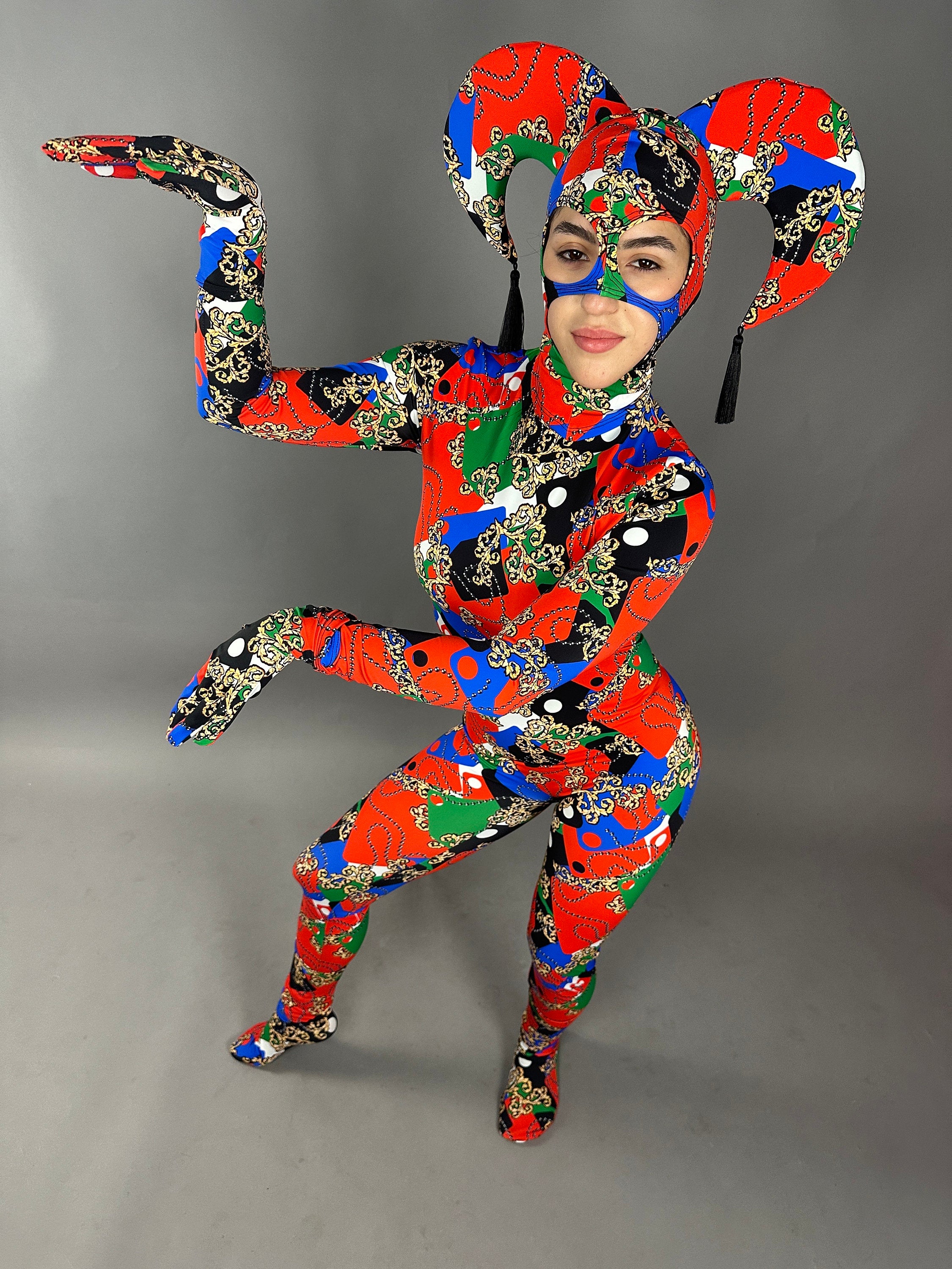 Joker costume, jester bodysuit, Exotic dance wear, Festival fashion, party outfit, Circus print, trending now. Mardi Gras festival
