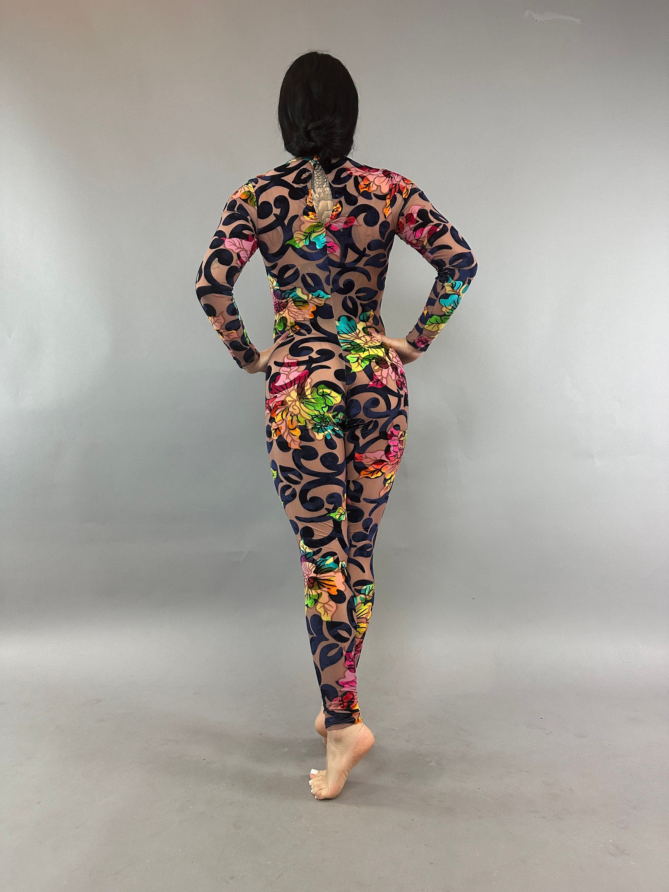 Multicolor Floral Catsuit, Nude Burned Out Velvet, Scoop Neck, Long Sleeves, Teardrop Back Bodysuit