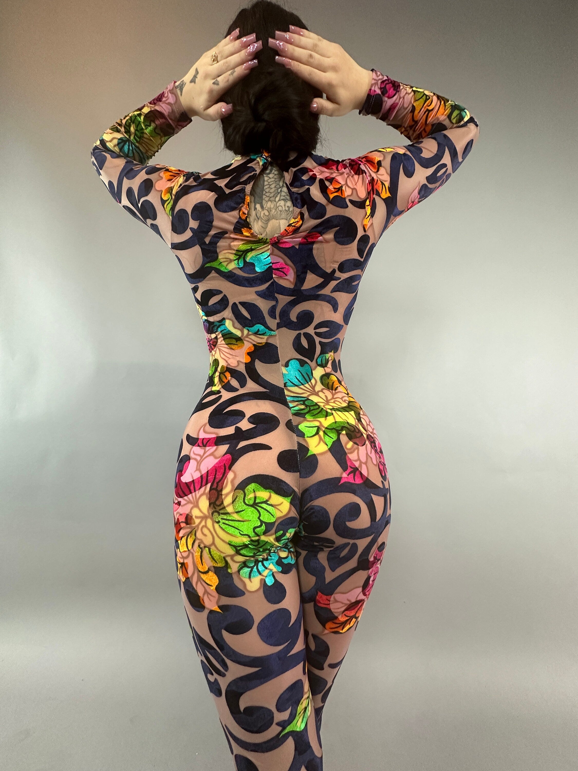 Multicolor Floral Catsuit, Nude Burned Out Velvet, Scoop Neck, Long Sleeves, Teardrop Back Bodysuit