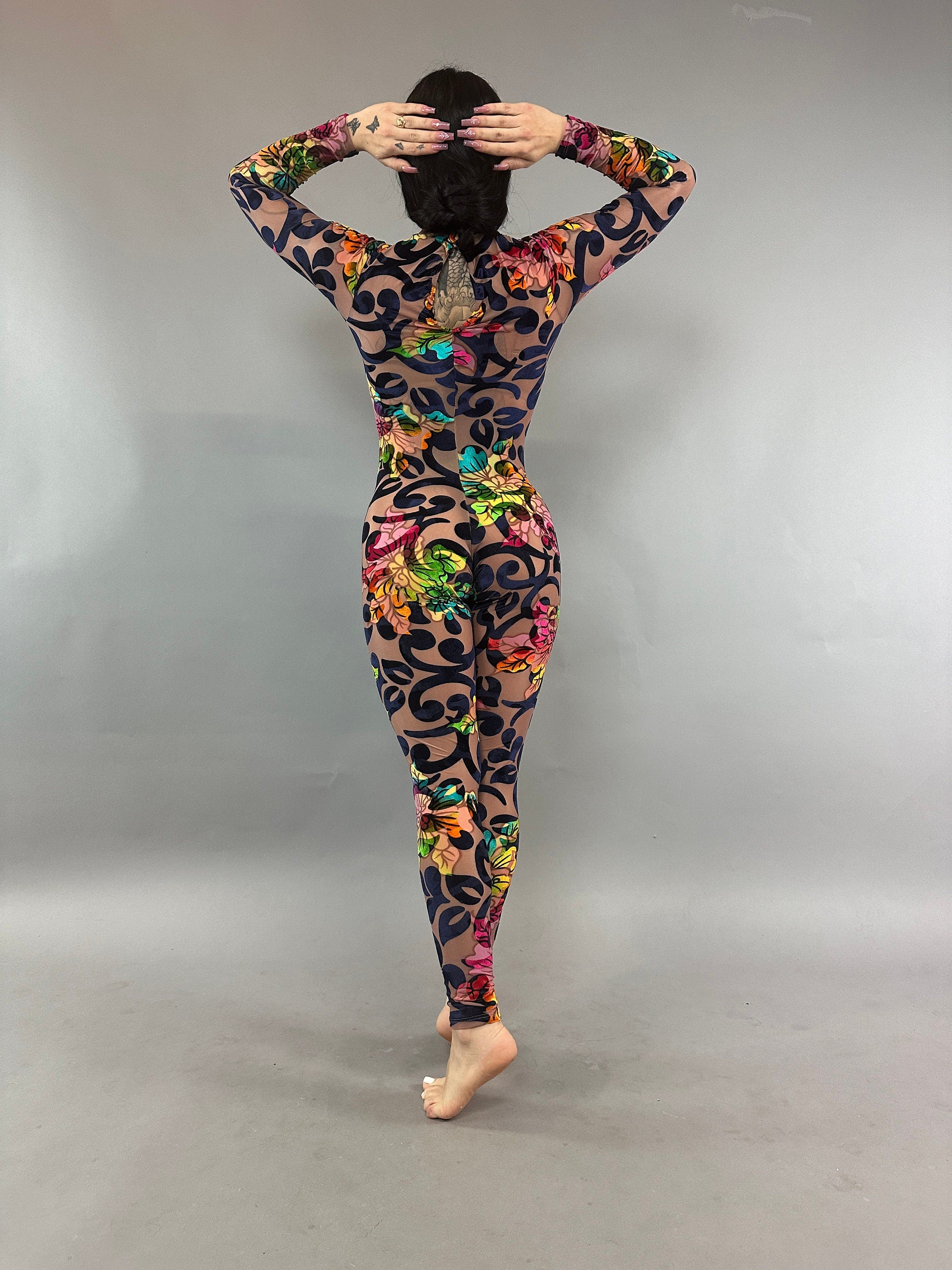 Multicolor Floral Catsuit, Nude Burned Out Velvet, Scoop Neck, Long Sleeves, Teardrop Back Bodysuit
