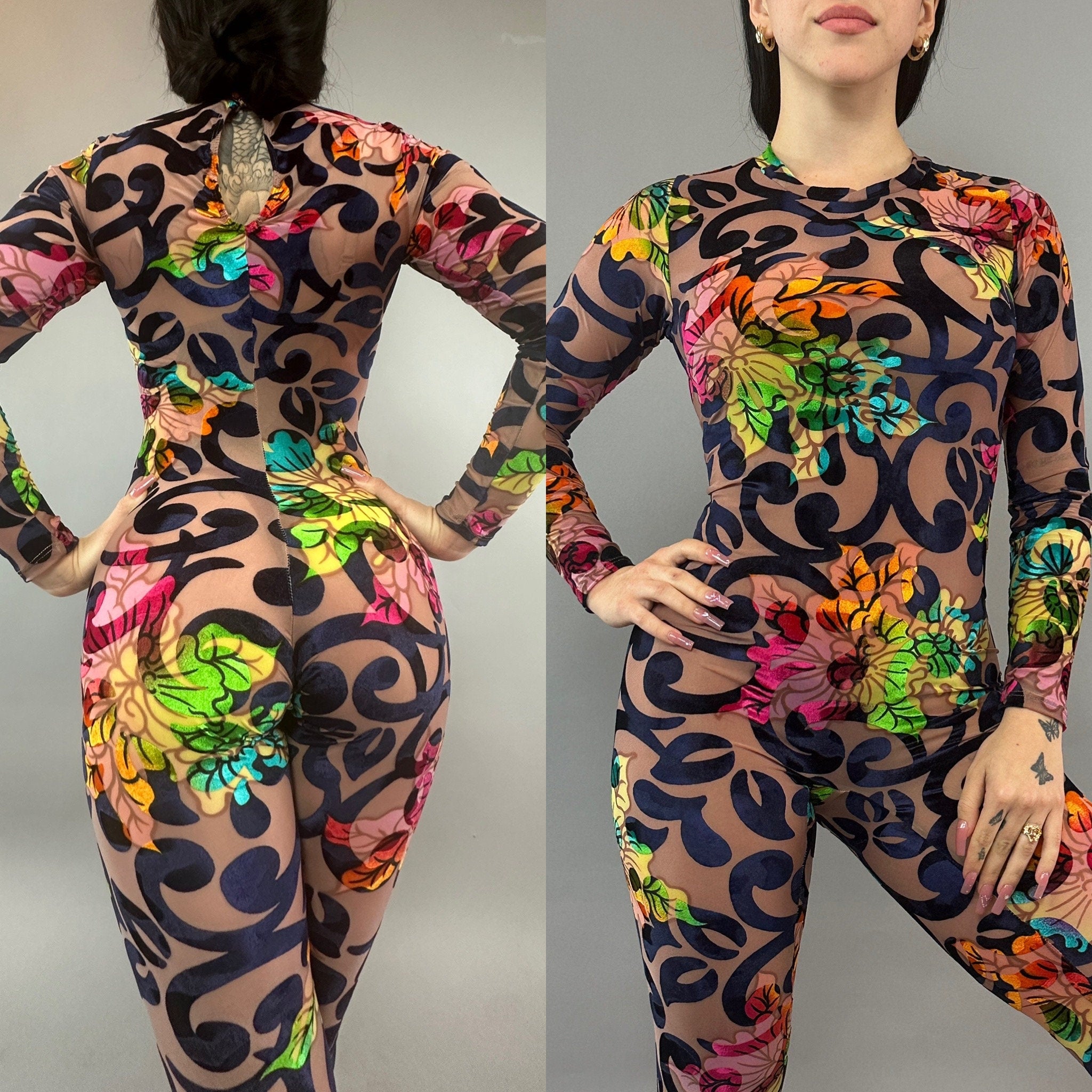 Multicolor Floral Catsuit, Nude Burned Out Velvet, Scoop Neck, Long Sleeves, Teardrop Back Bodysuit