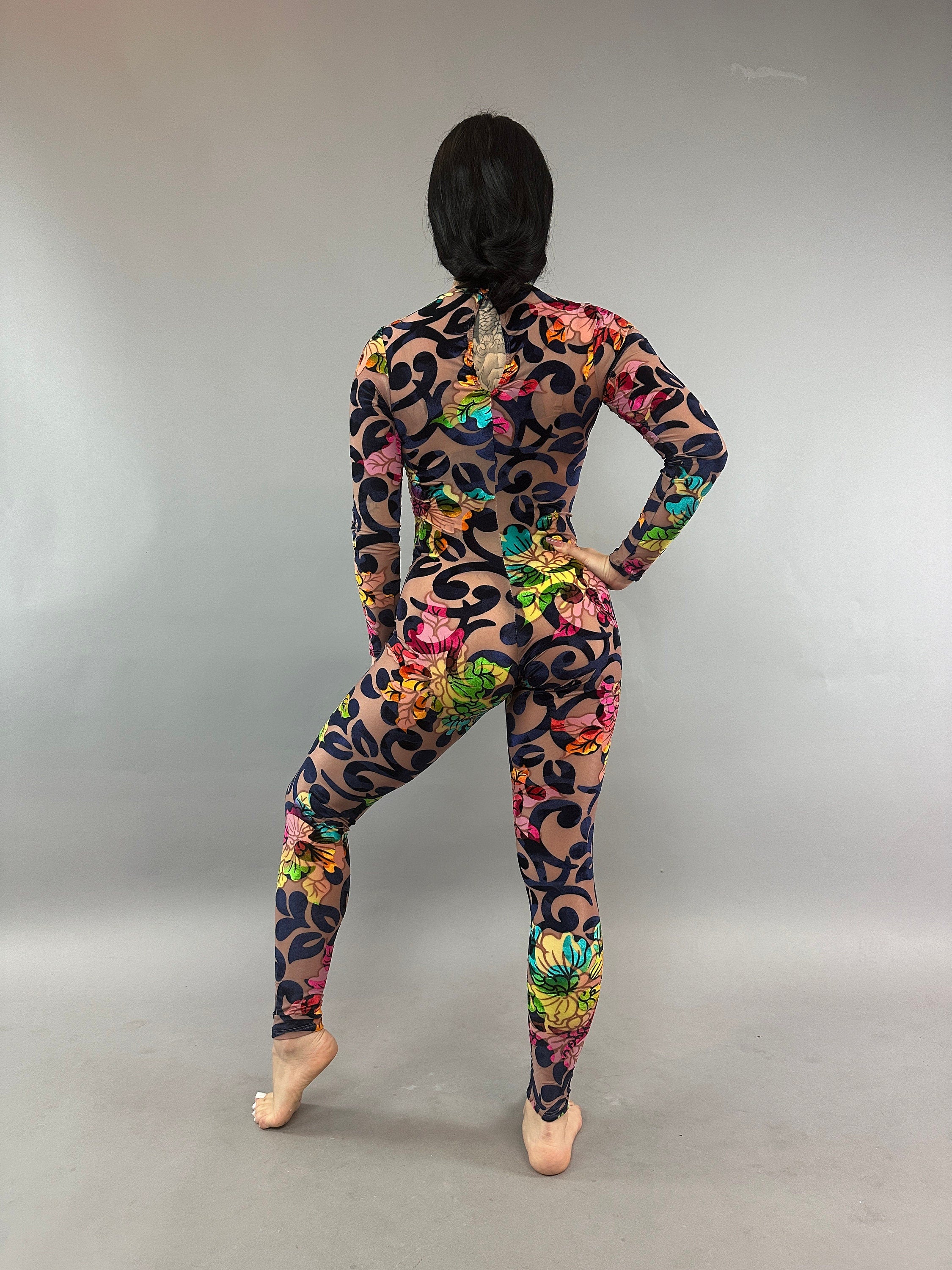 Multicolor Floral Catsuit, Nude Burned Out Velvet, Scoop Neck, Long Sleeves, Teardrop Back Bodysuit