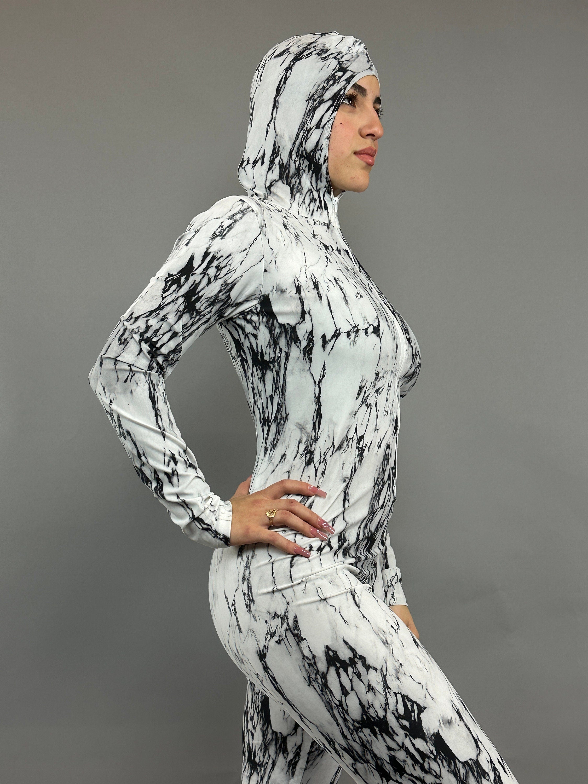 Black and White Hoodie Catsuit, Long Front Zipper, Full Sleeves