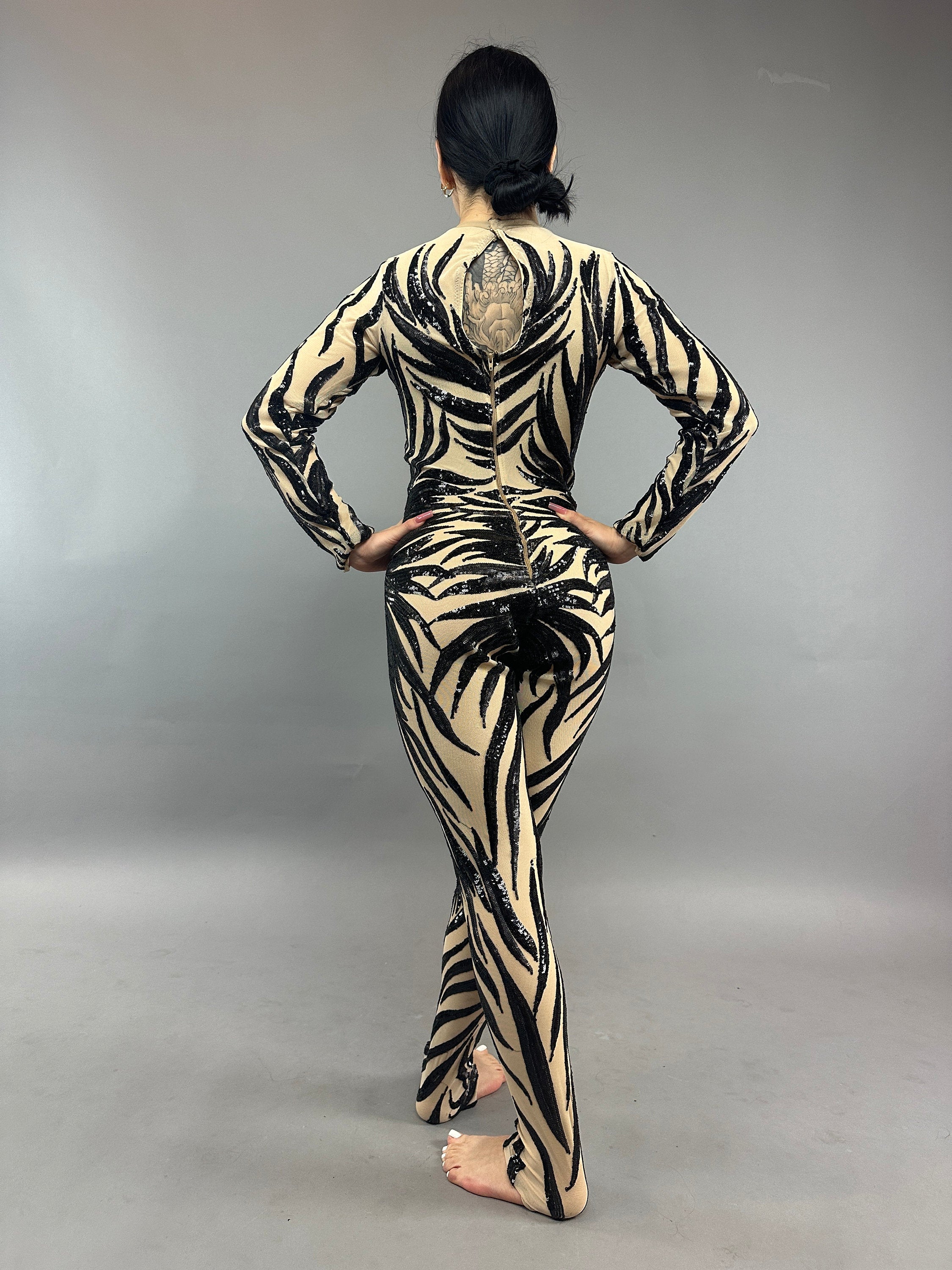 Sequin Catsuit, Phoenix Feather Pattern, Long Sleeves