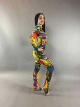 Abstract Print Multicolor Jumpsuit, Long Sleeve Catsuit, Turtleneck Bodysuit