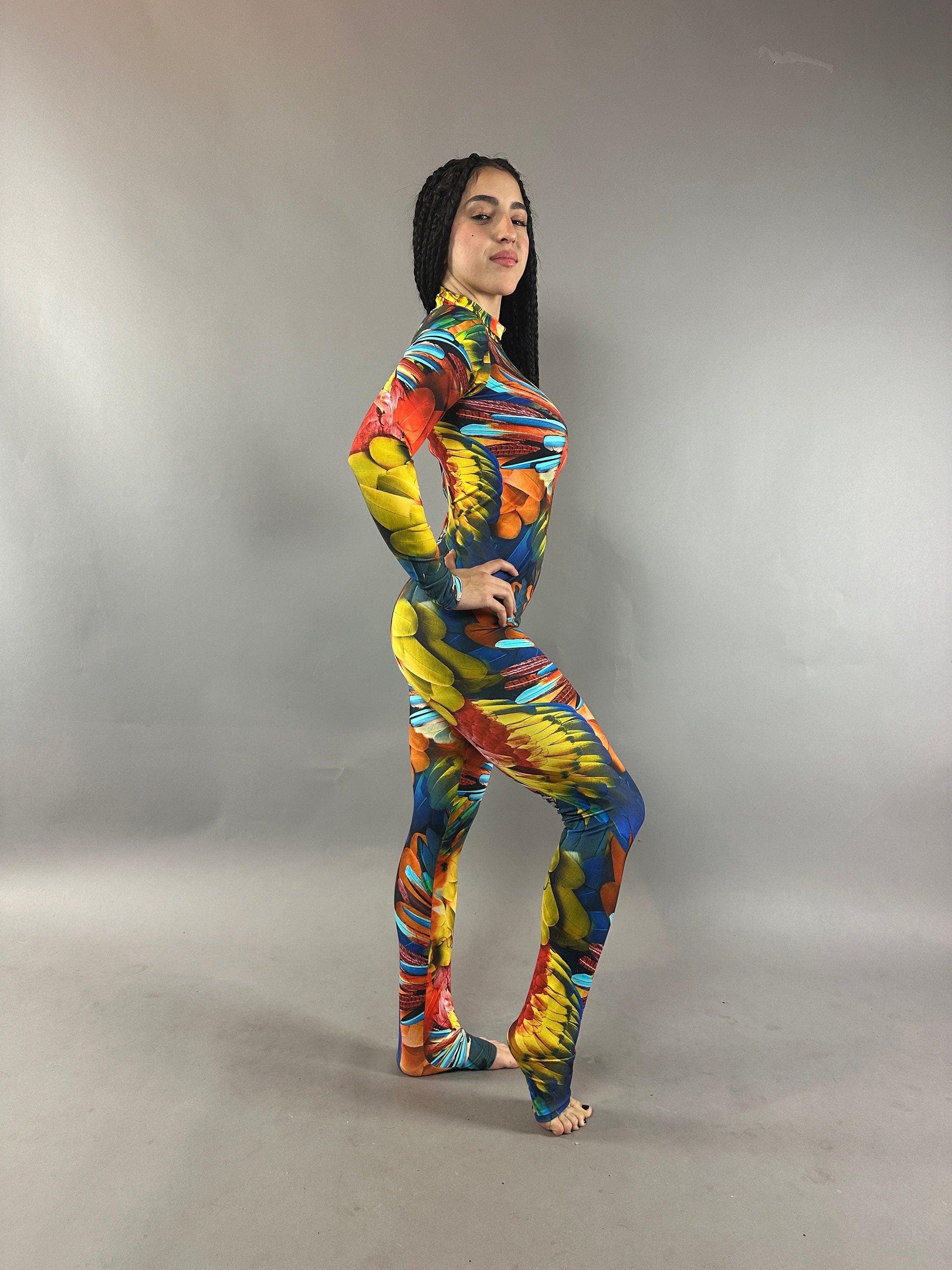 Abstract Print Multicolor Jumpsuit, Long Sleeve Catsuit, Turtleneck Bodysuit