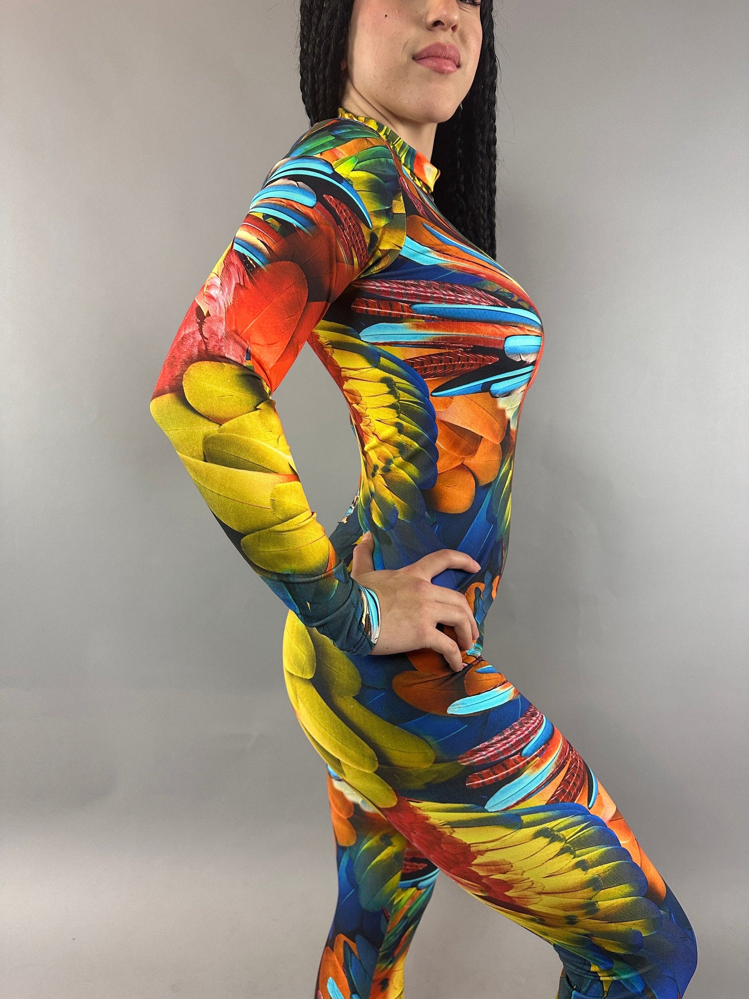 Abstract Print Multicolor Jumpsuit, Long Sleeve Catsuit, Turtleneck Bodysuit