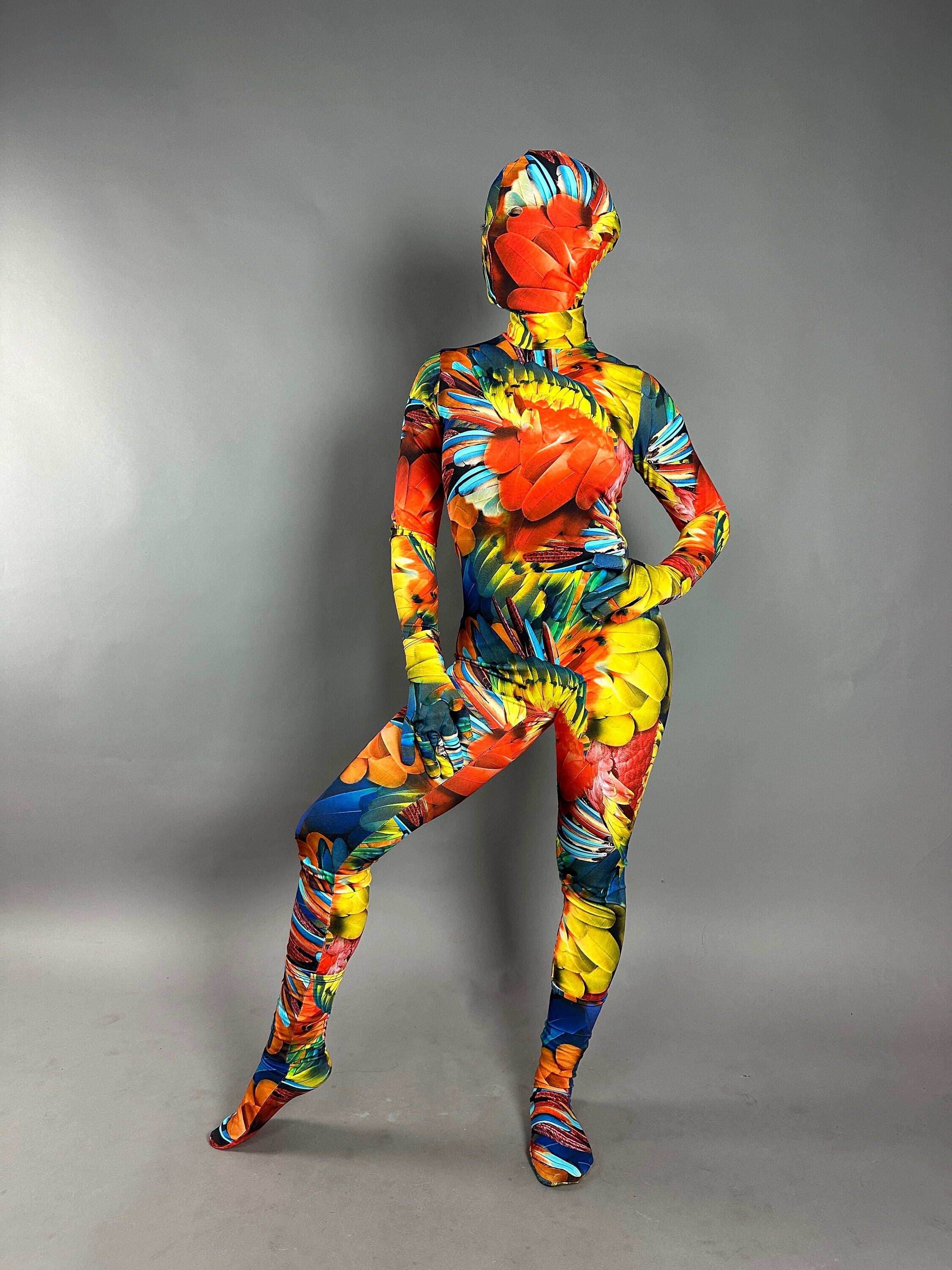 Abstract Print Multicolor Jumpsuit, Long Sleeve Catsuit, Turtleneck Bodysuit