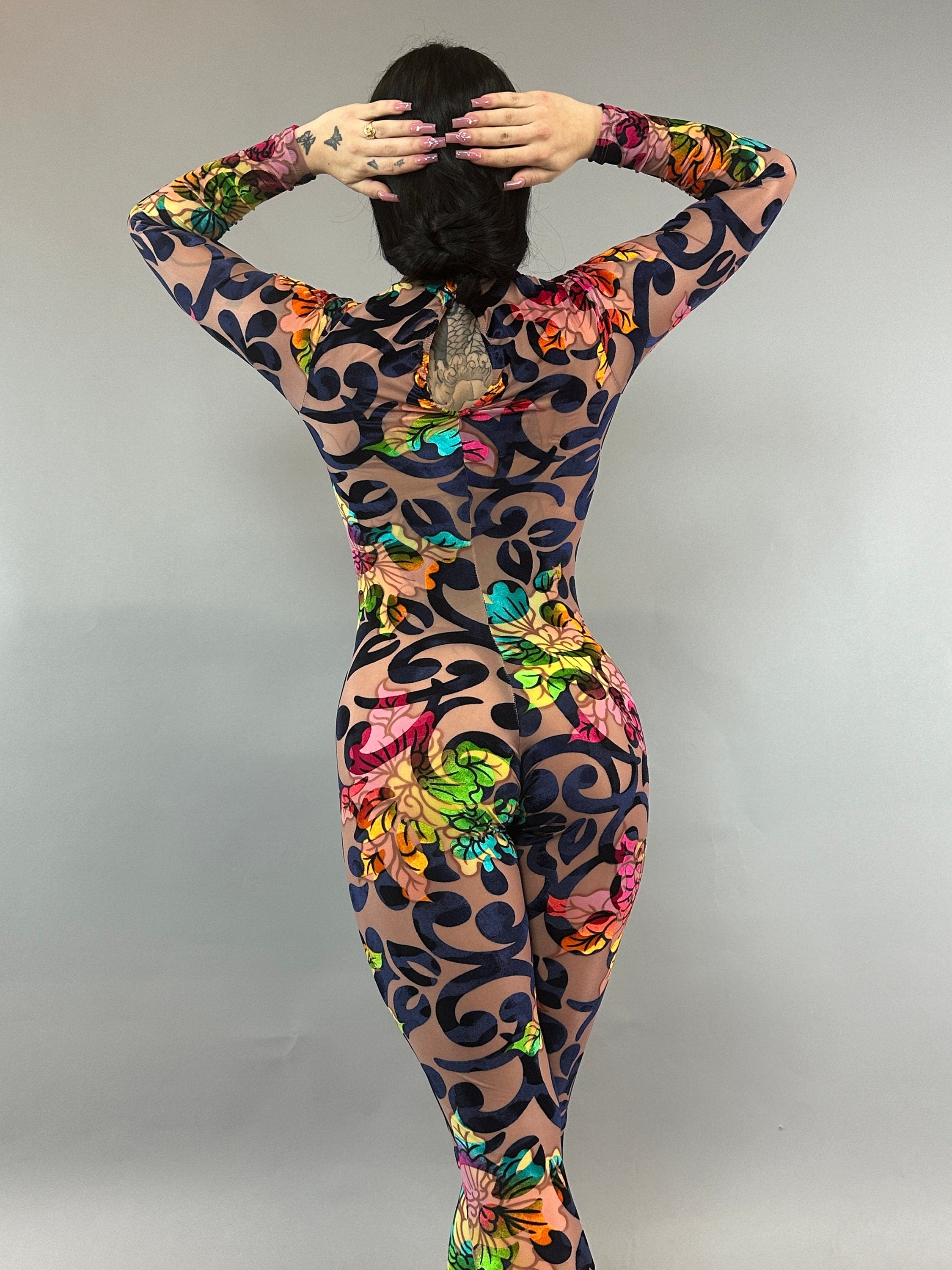Multicolor Floral Catsuit, Nude Burned Out Velvet, Scoop Neck, Long Sleeves, Teardrop Back Bodysuit