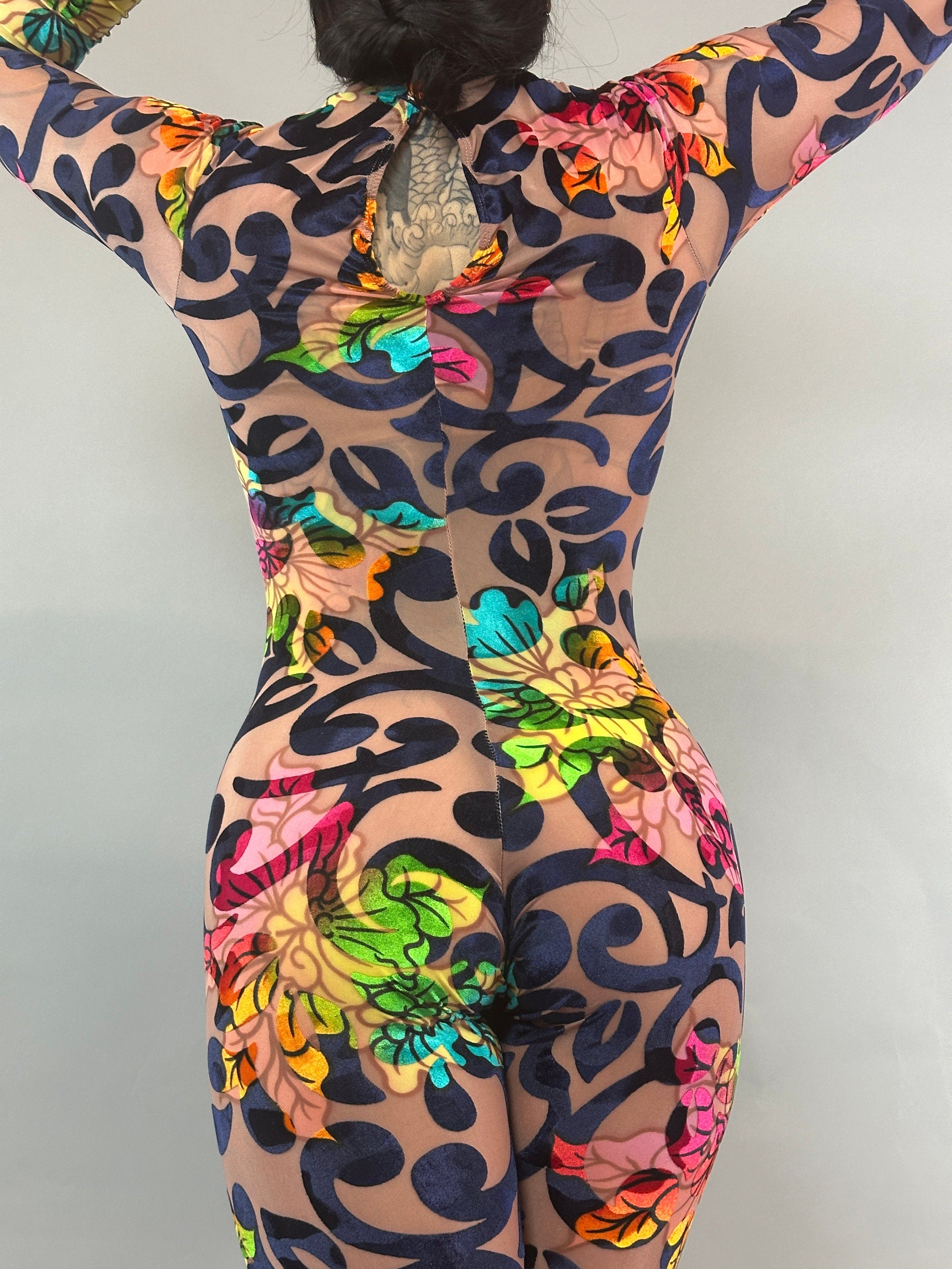 Multicolor Floral Catsuit, Nude Burned Out Velvet, Scoop Neck, Long Sleeves, Teardrop Back Bodysuit
