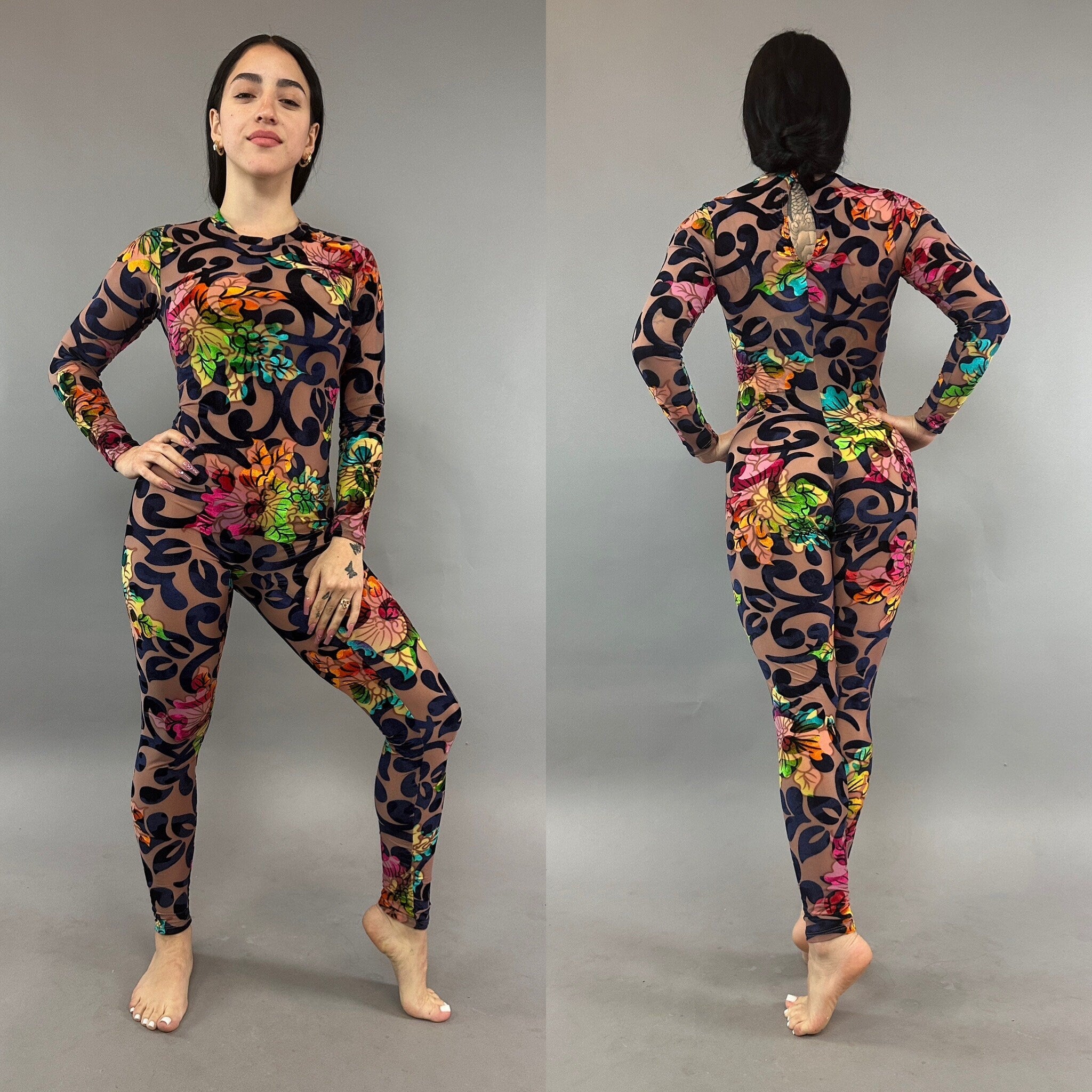 Multicolor Floral Catsuit, Nude Burned Out Velvet, Scoop Neck, Long Sleeves, Teardrop Back Bodysuit