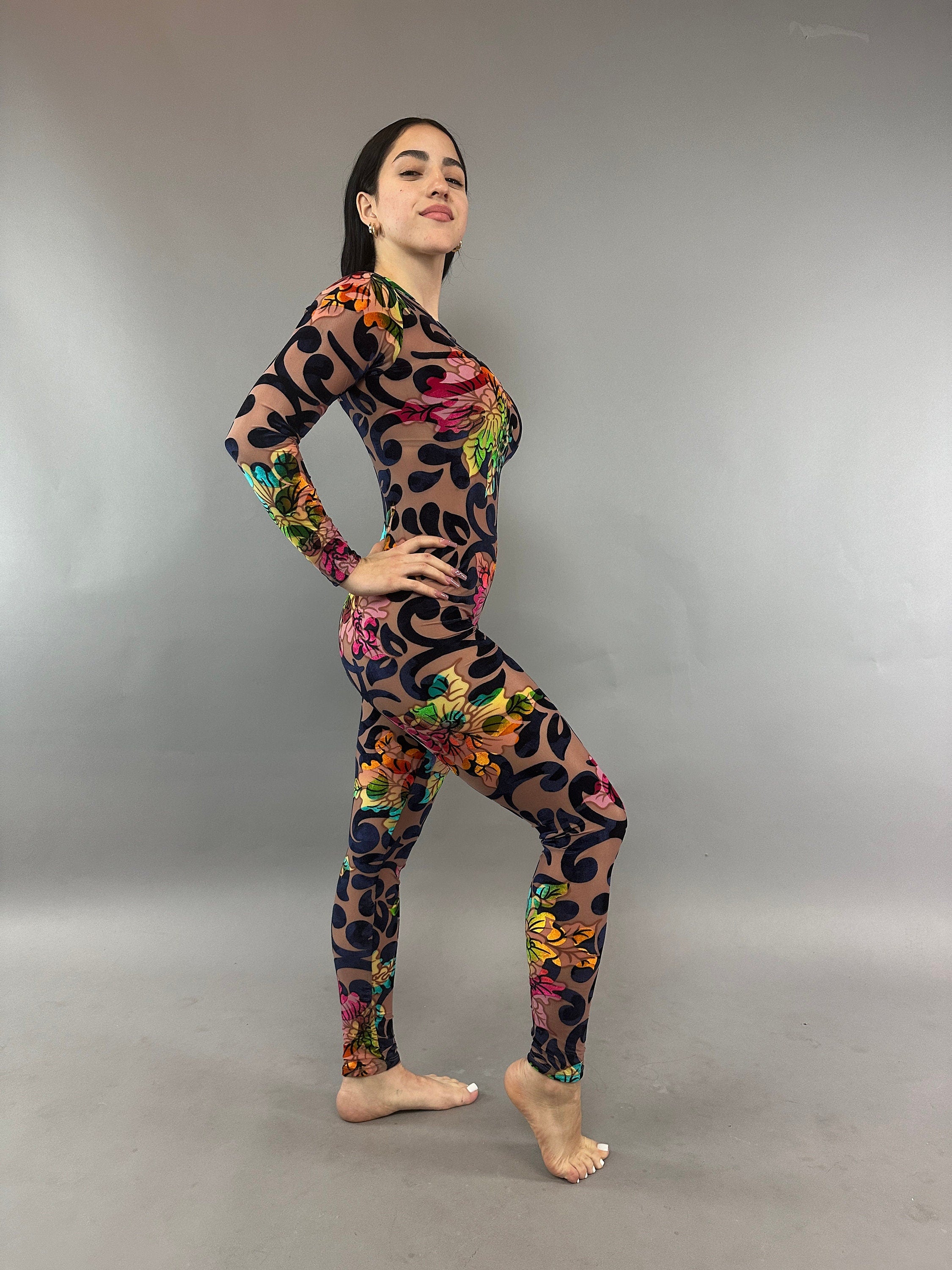 Multicolor Floral Catsuit, Nude Burned Out Velvet, Scoop Neck, Long Sleeves, Teardrop Back Bodysuit