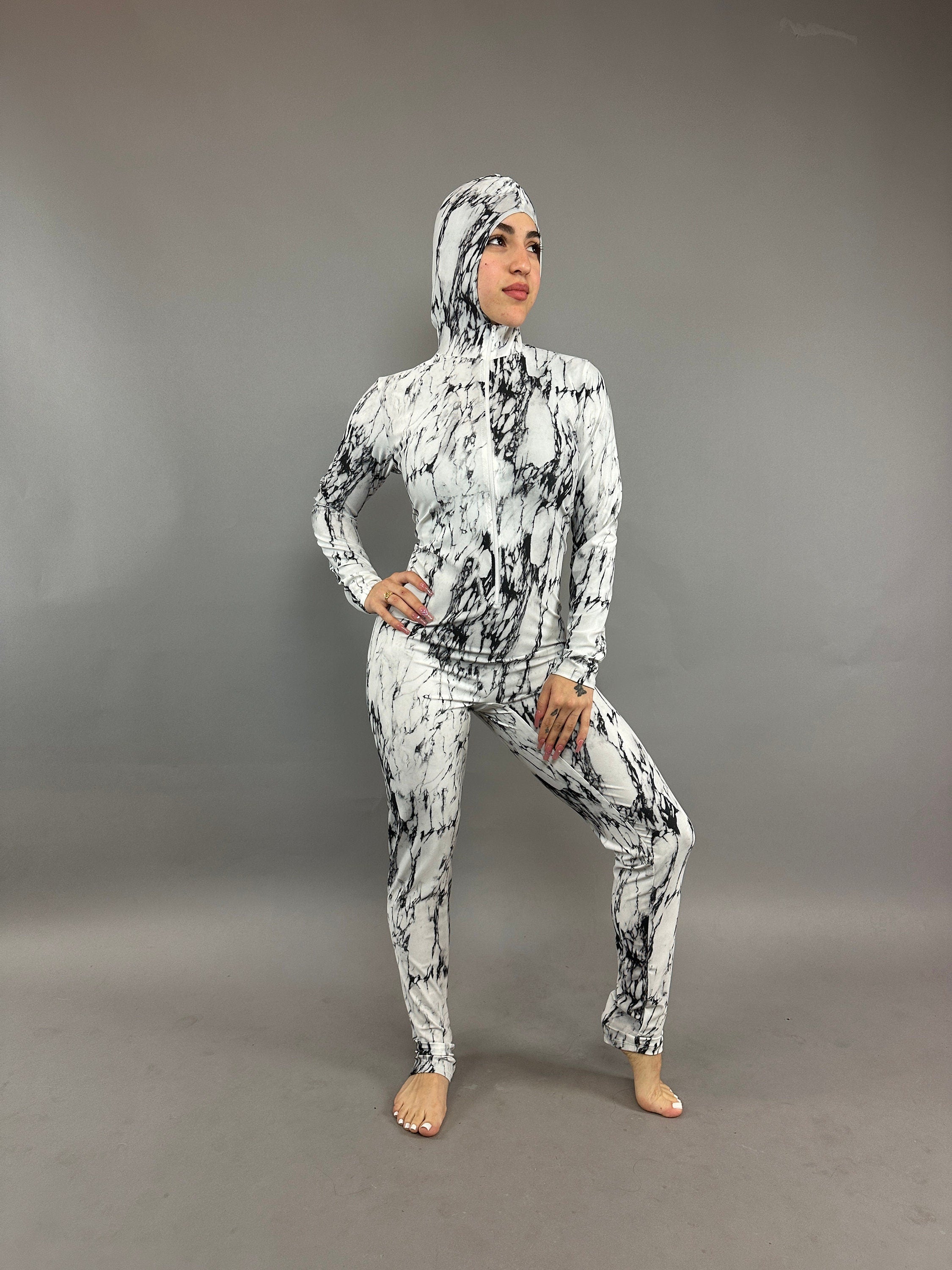 Black and White Hoodie Catsuit, Long Front Zipper, Full Sleeves