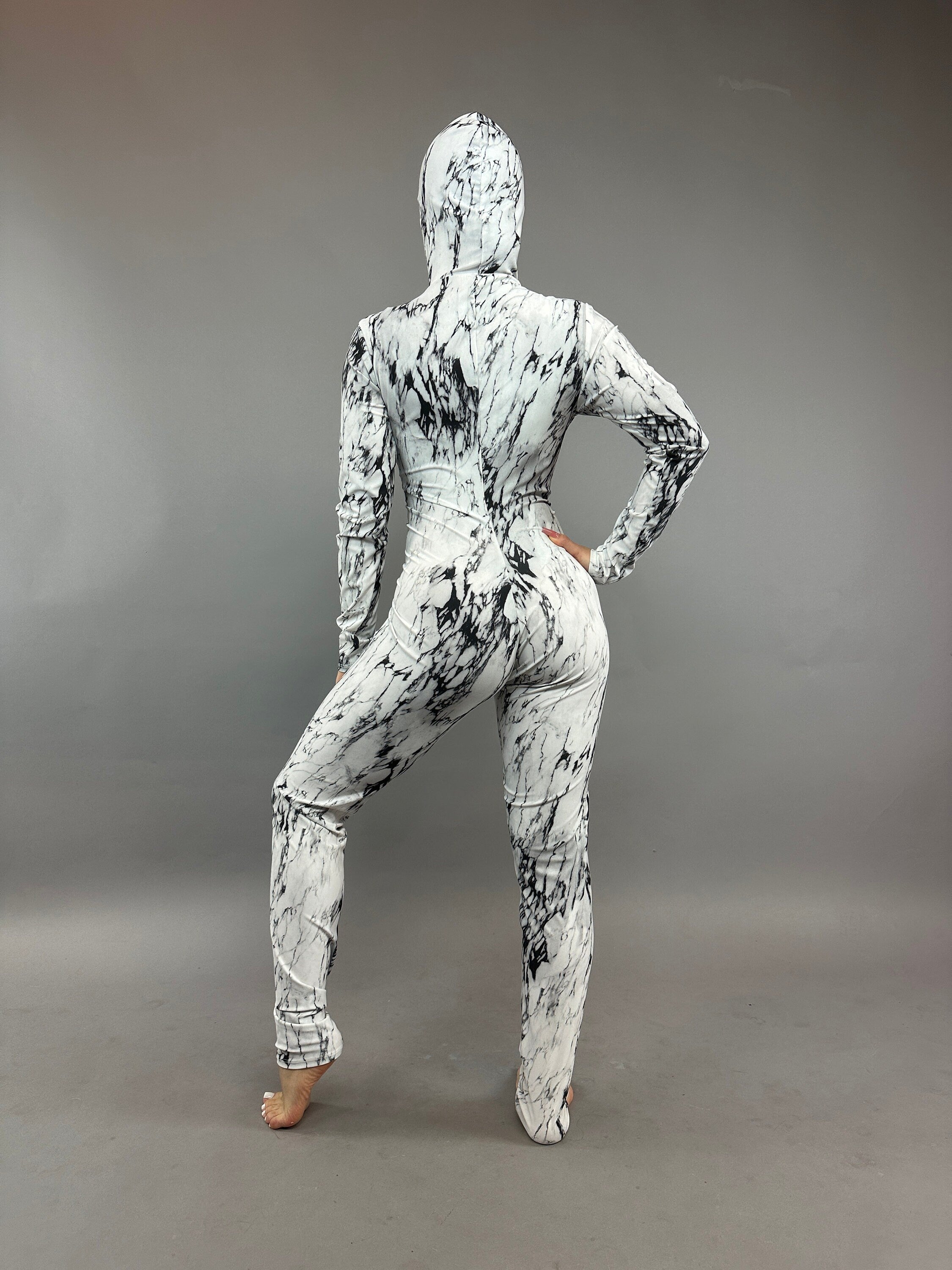 Black and White Hoodie Catsuit, Long Front Zipper, Full Sleeves
