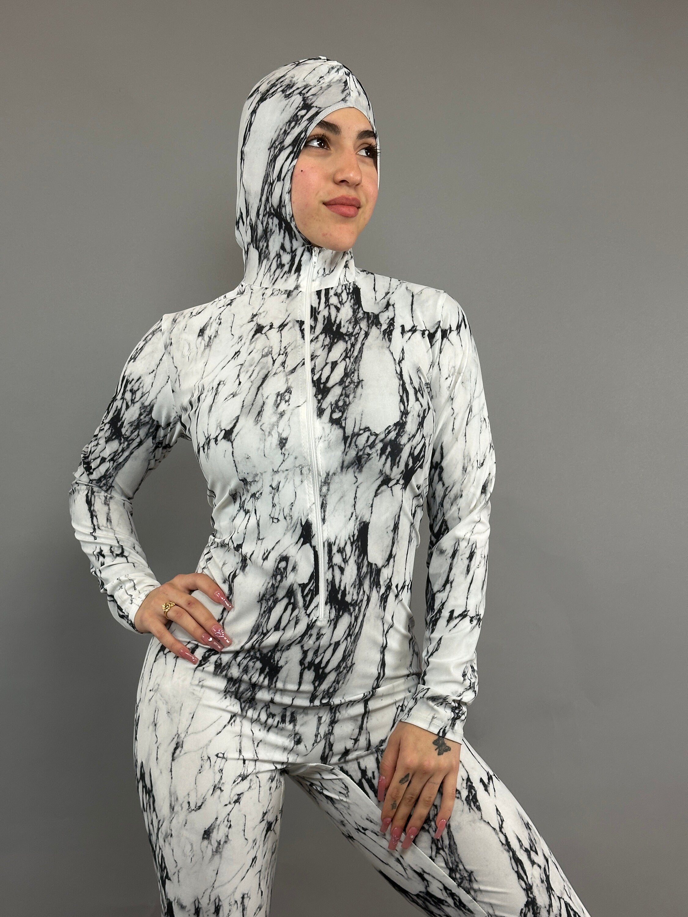 Black and White Hoodie Catsuit, Long Front Zipper, Full Sleeves