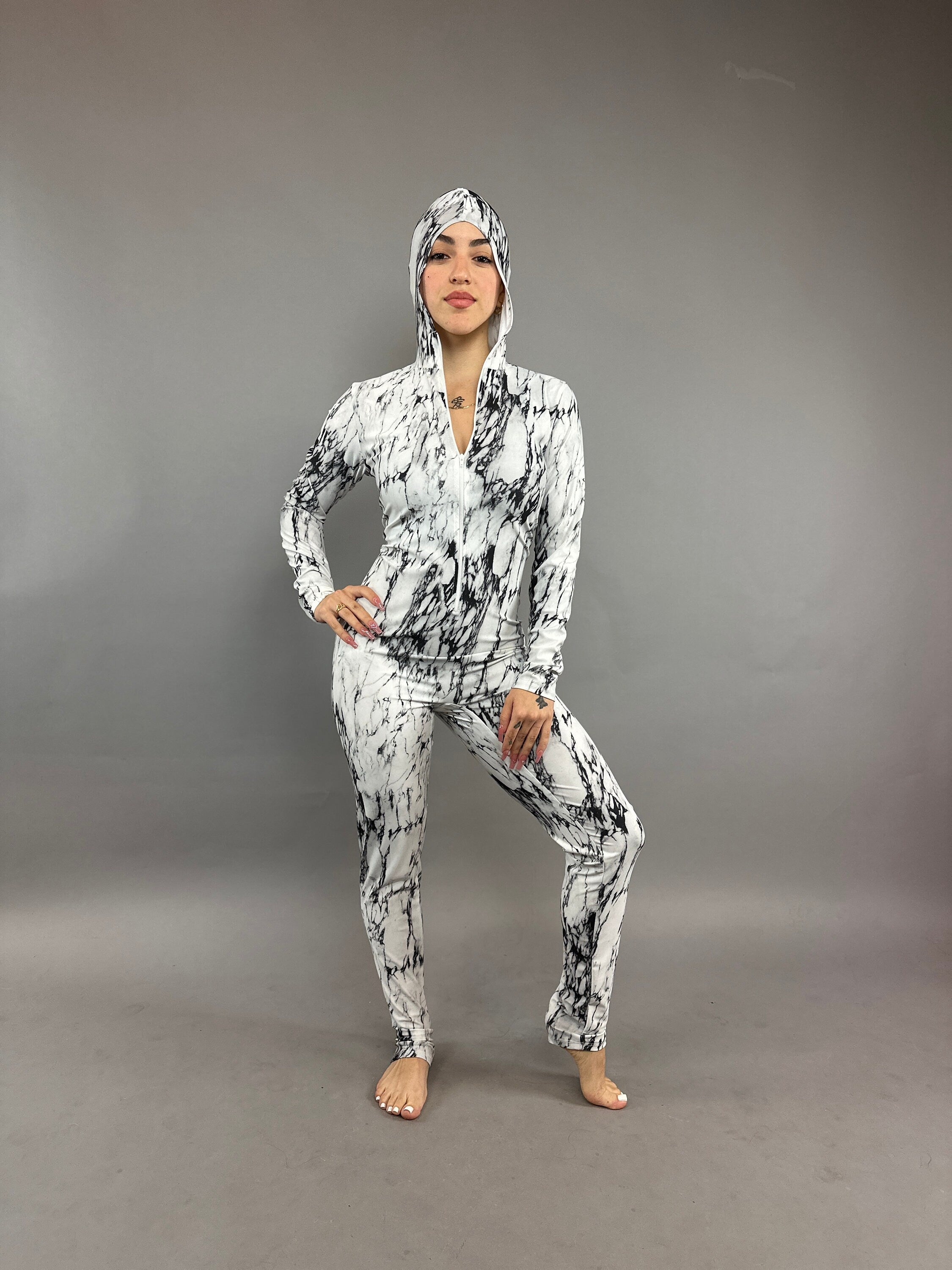 Black and White Hoodie Catsuit, Long Front Zipper, Full Sleeves