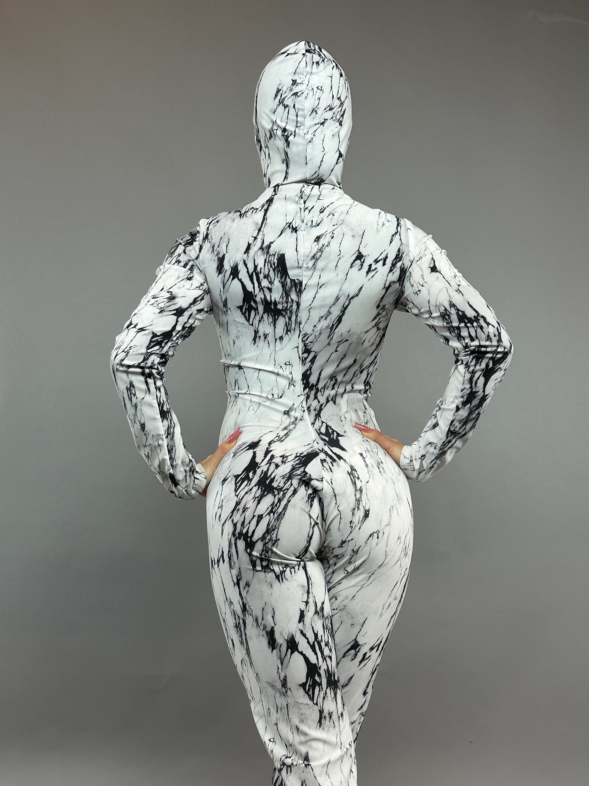 Black and White Hoodie Catsuit, Long Front Zipper, Full Sleeves