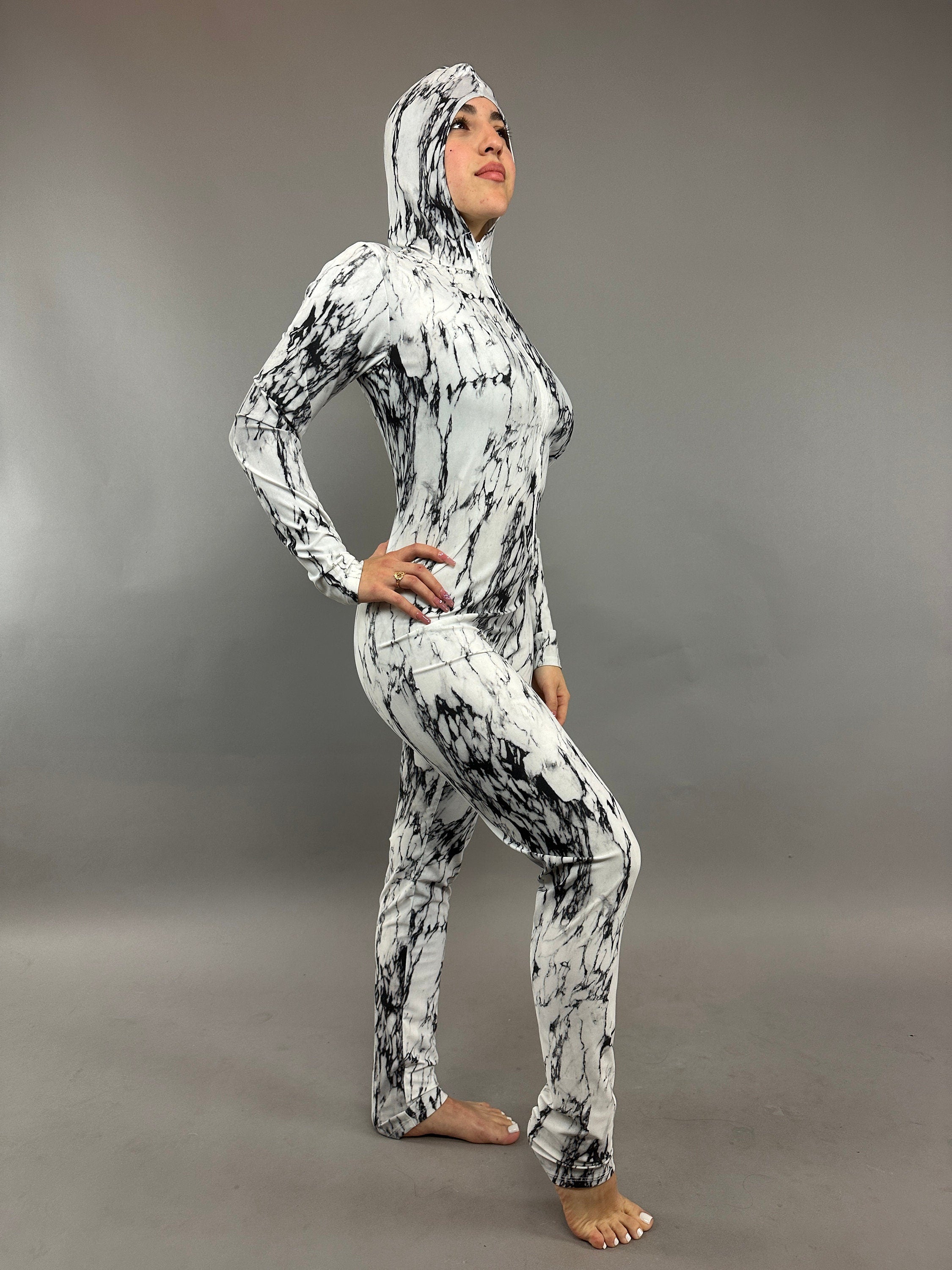 Black and White Hoodie Catsuit, Long Front Zipper, Full Sleeves