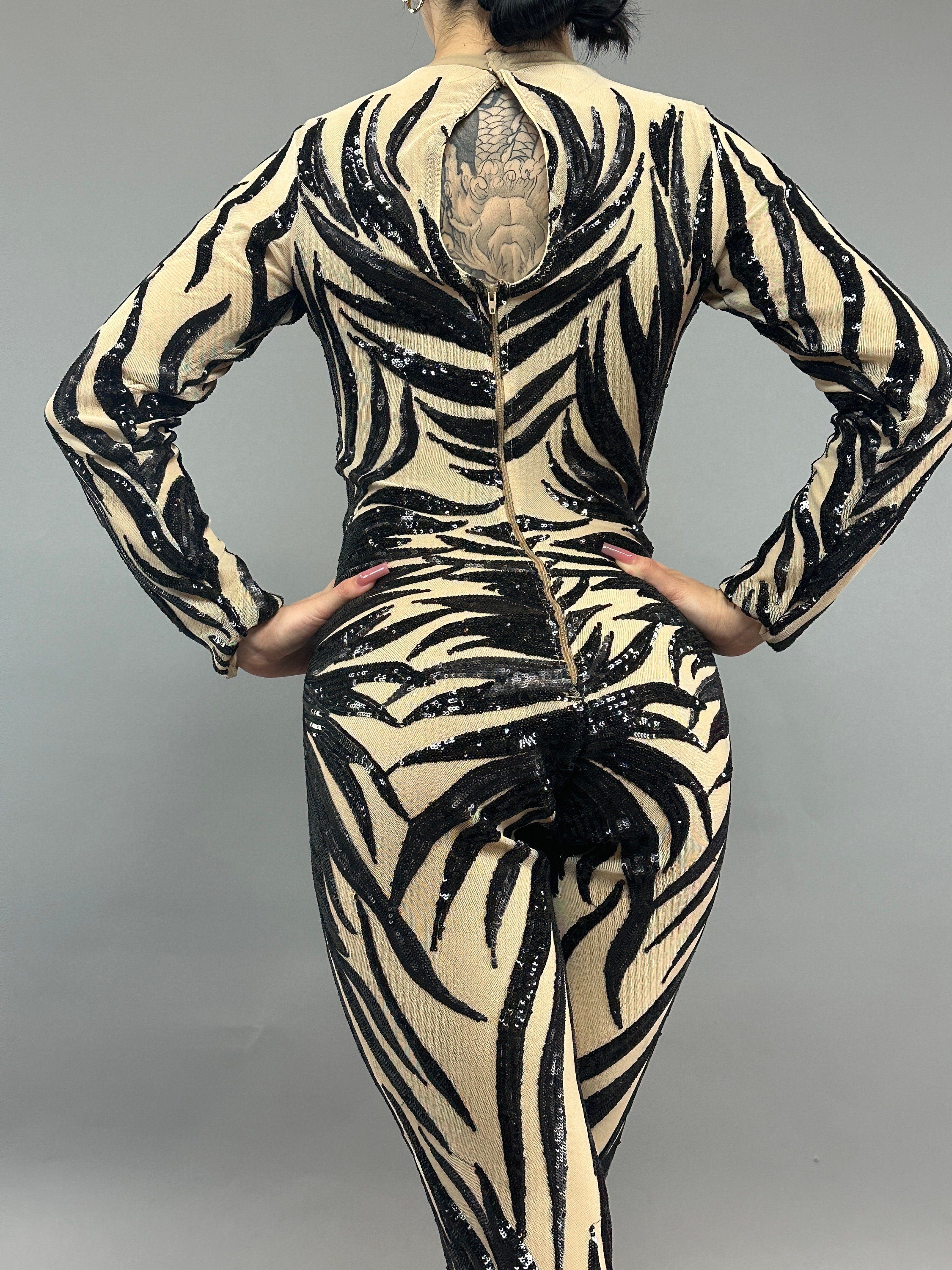 Black Sequin on Beige Catsuit, Scoop Neck, Full Sleeves