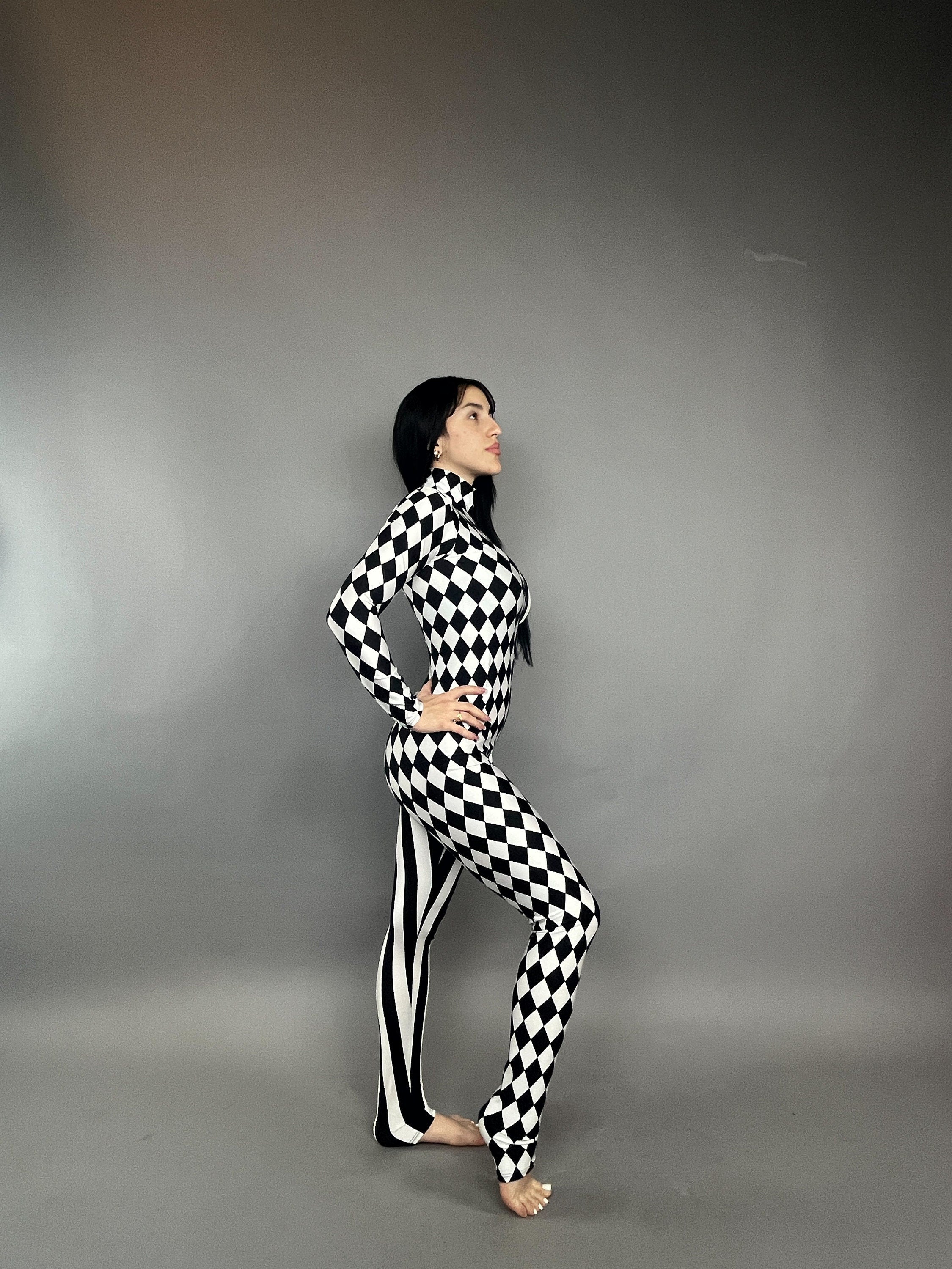 Black and White Split Fabric Catsuit, Stripes and Diamond Jumpsuit, Full Sleeves, Turtleneck