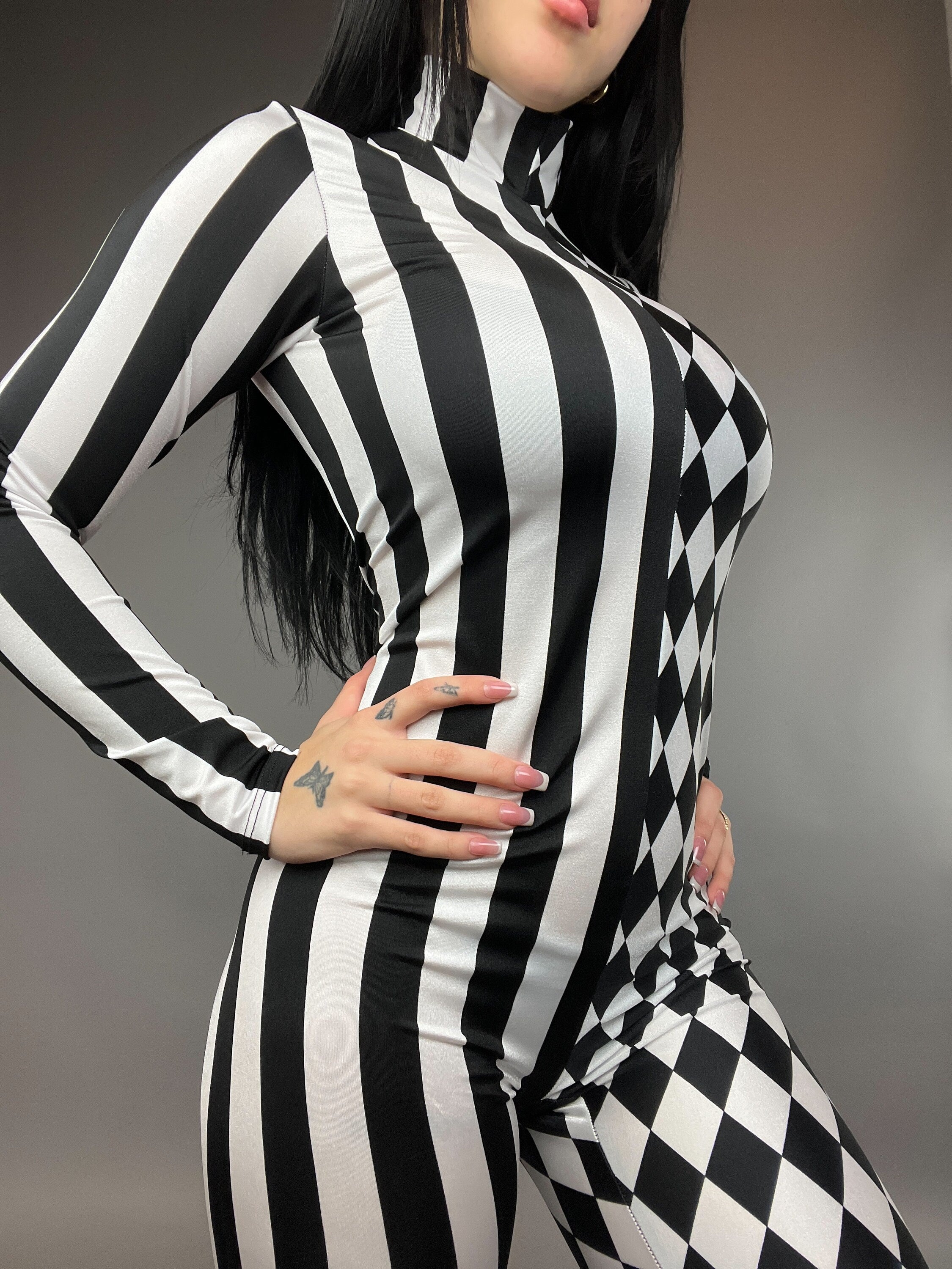 Black and White Split Fabric Catsuit, Stripes and Diamond Jumpsuit, Full Sleeves, Turtleneck