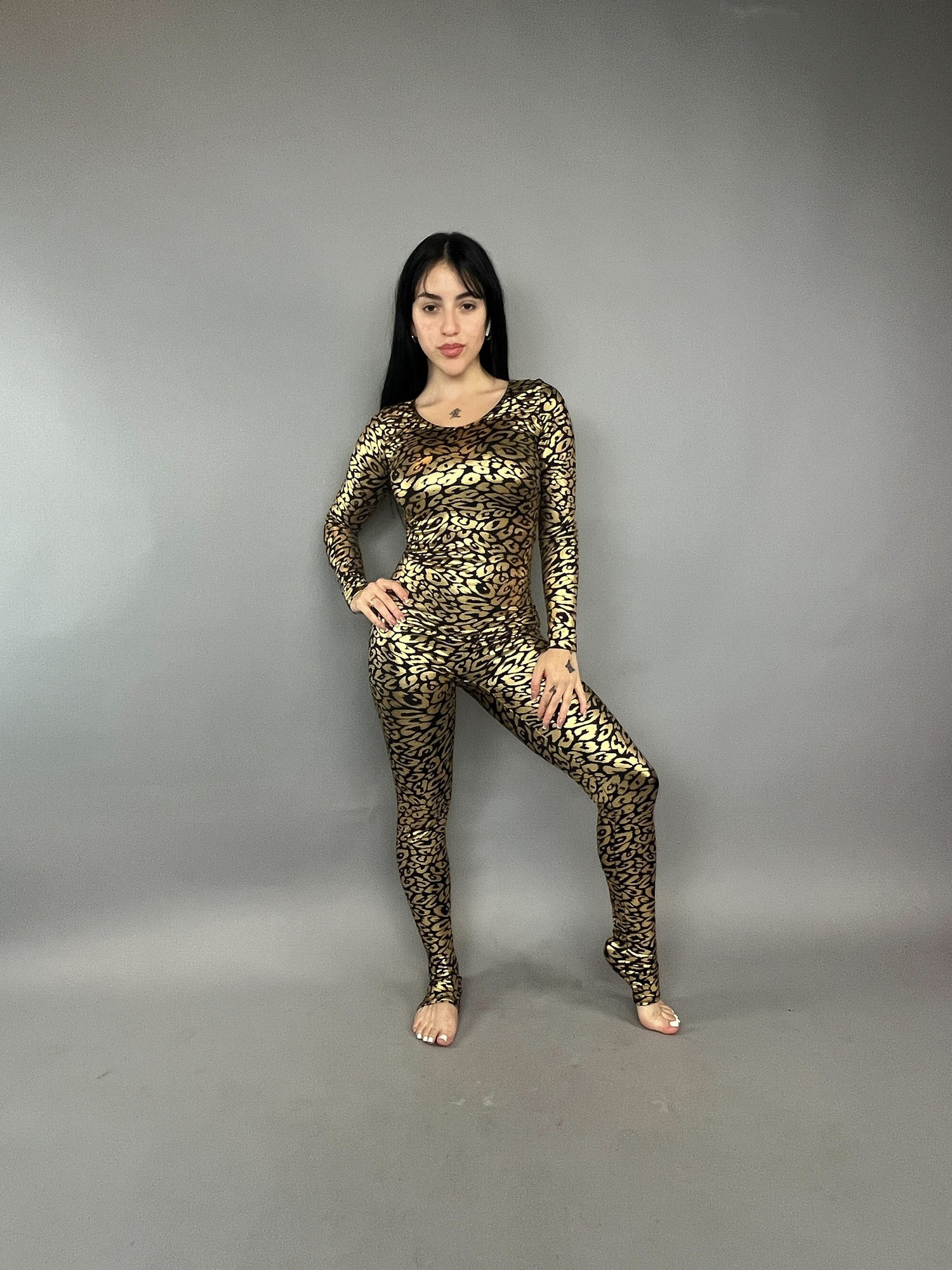 Gold Cheetah Print Lycra, Scoop Neckline, Long Arm Sleeves