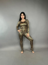 Gold Cheetah Print Lycra, Scoop Neckline, Long Arm Sleeves